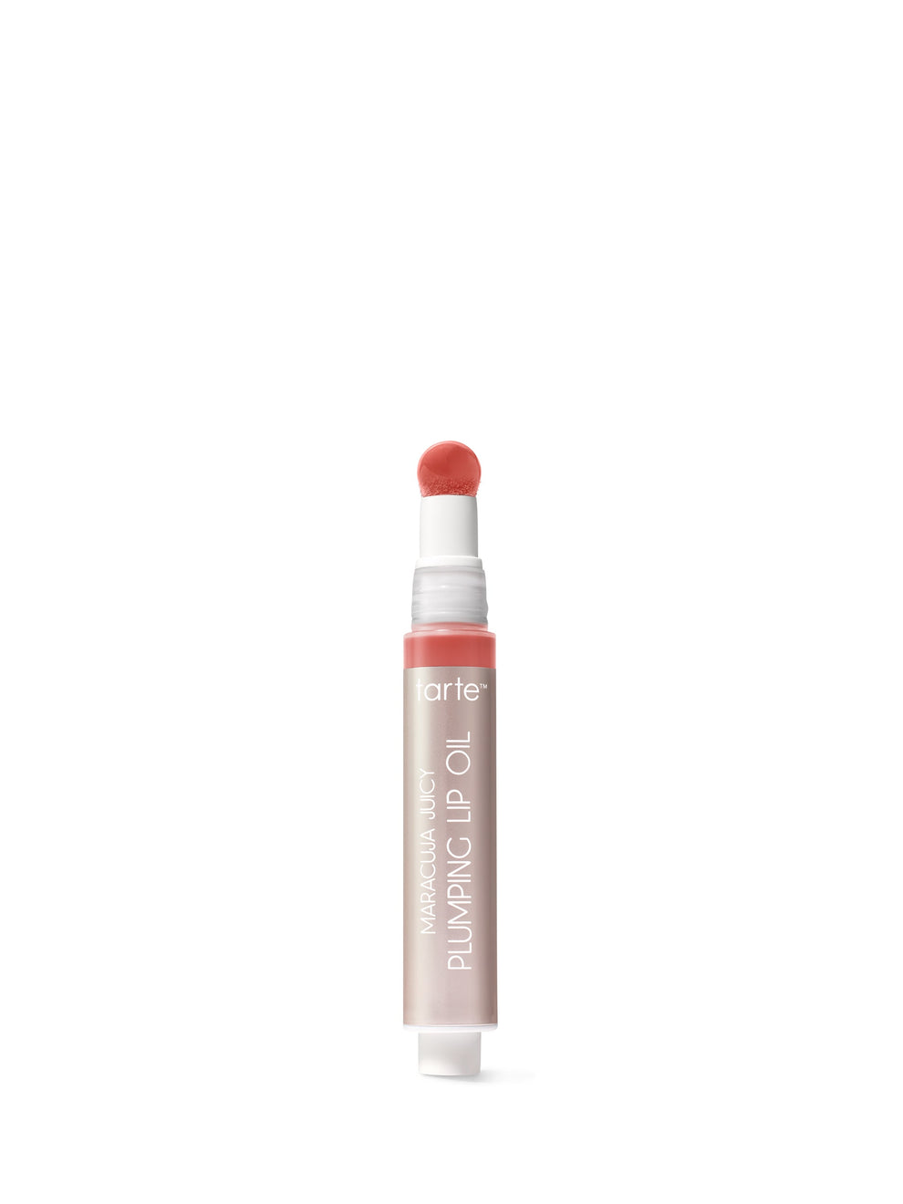 Lip oil with a white cap on a light pink background