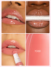 Collage of a lip product being applied with close-up shots on lips and packaging.