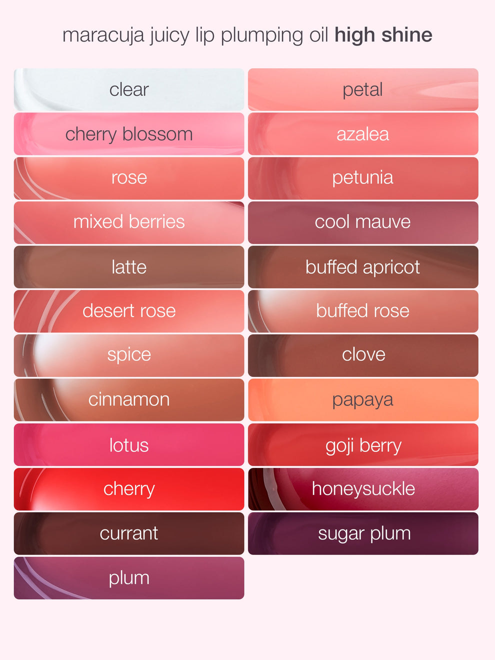 Color swatches of lip plumping oil with names on a pink background