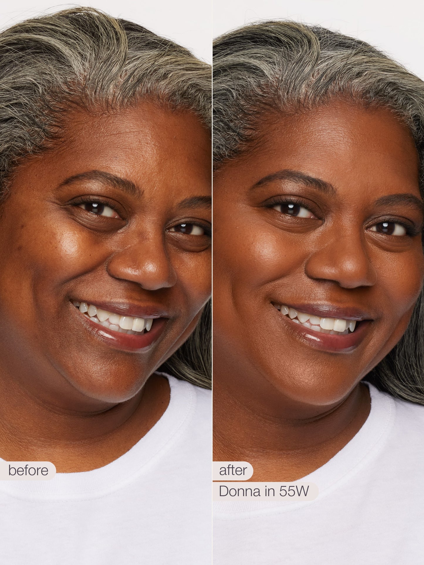 Before and after comparison of a woman with gray hair, showing a transformation effect labeled 'Donna in 55W'.