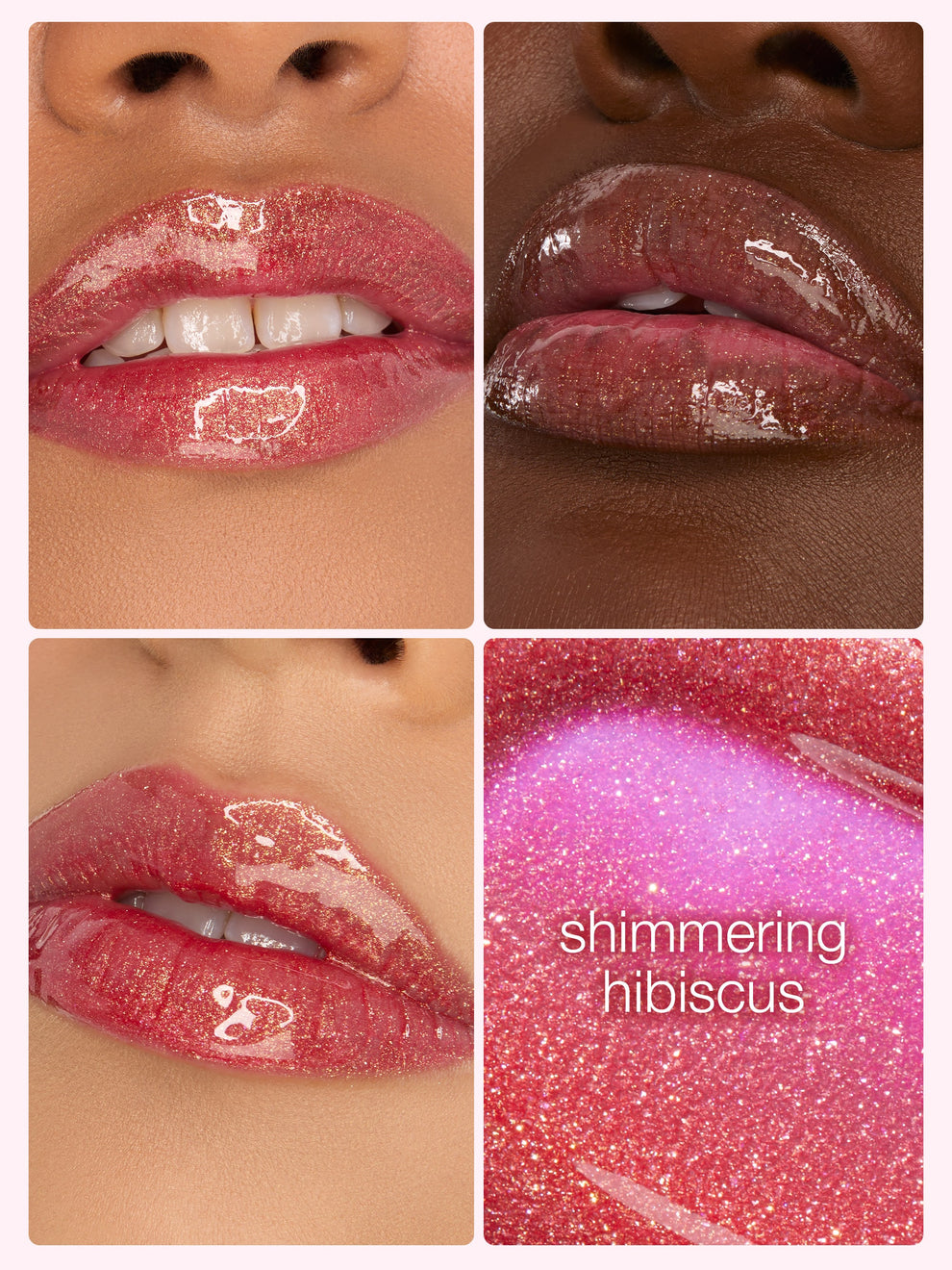 Lips wearing Tarte Cosmetics shimmering pink lip gloss appear in quadrants, showcasing glossy texture. Bottom right quadrant includes text: shimmering hues of pink, highlighting the color's radiant sparkle against a pink backdrop.