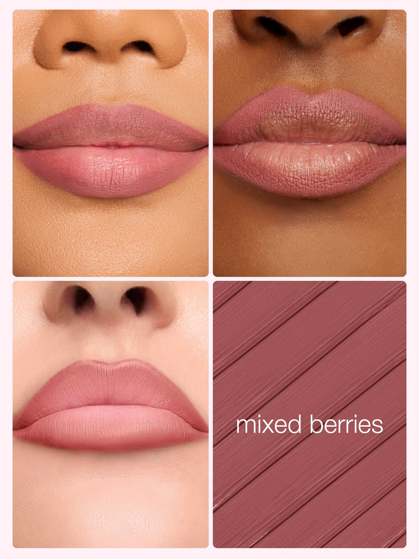 Lipstick shade 'Mixed Berries' on lips with color swatch