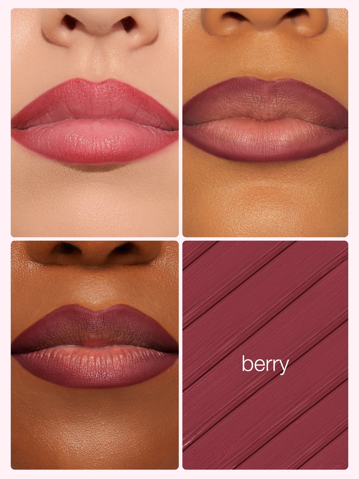 Collage of four lip swatches on different skin tones with a berry lipstick color name.