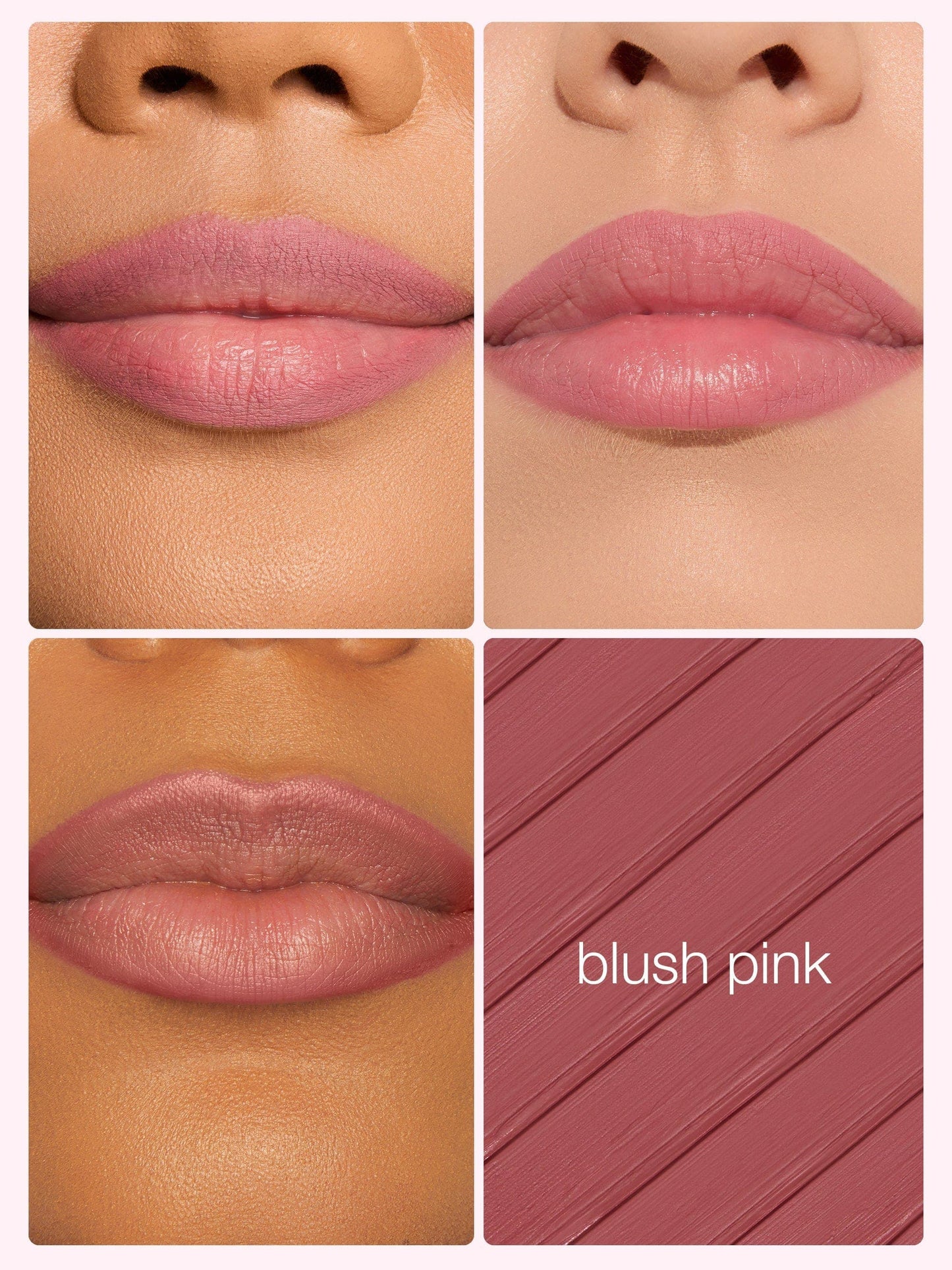 Lip color swatch with 'blush pink' shade on a model's lips and a color swatch below.