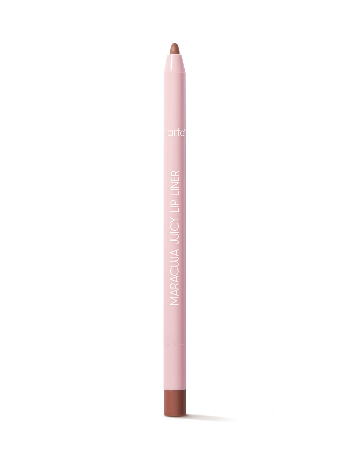Pink lip liner with brown tip on a white background