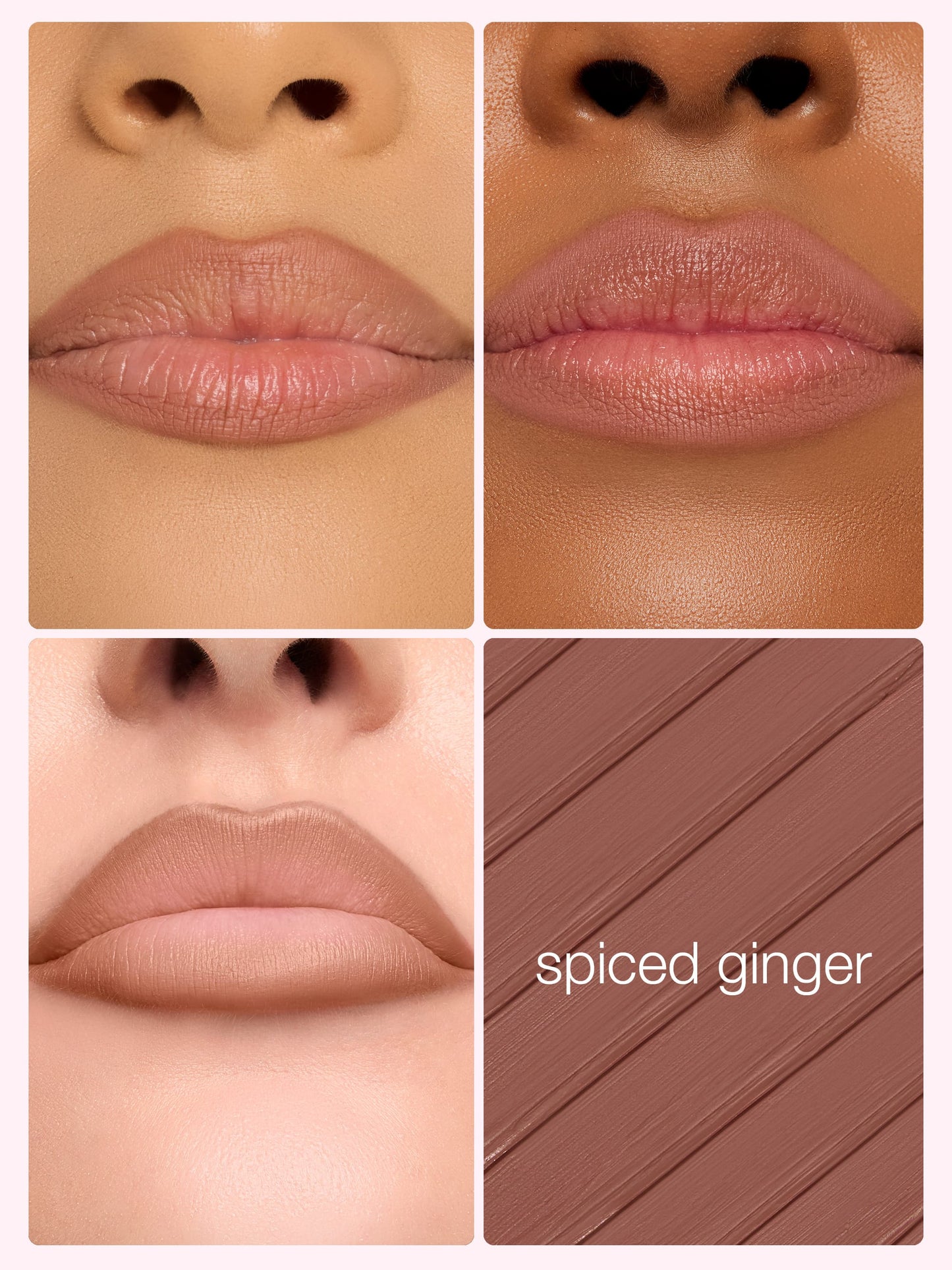 Lipstick shade swatches labeled 'spiced ginger' on a neutral background