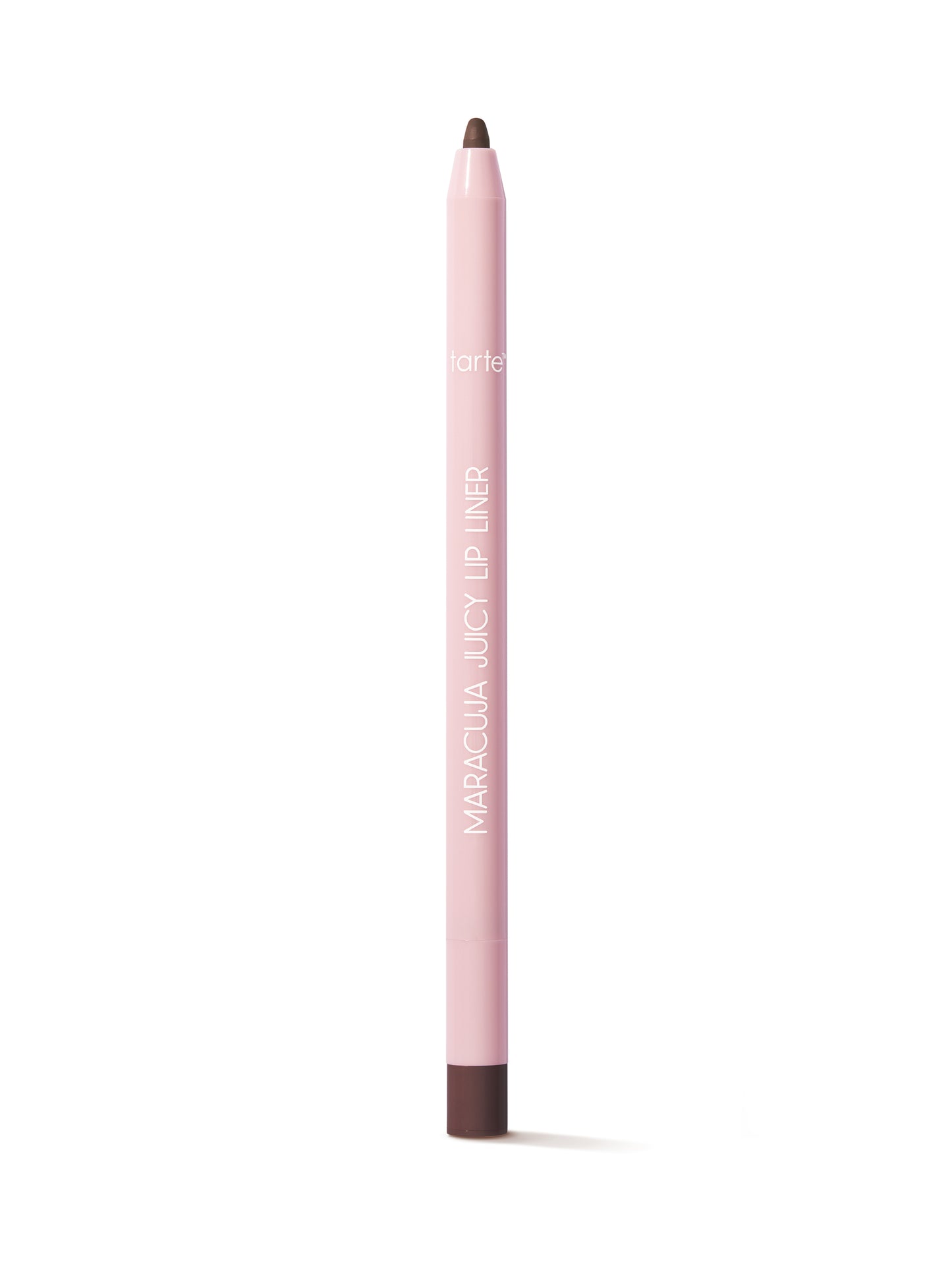 Pink lip liner with brown tip on a white background