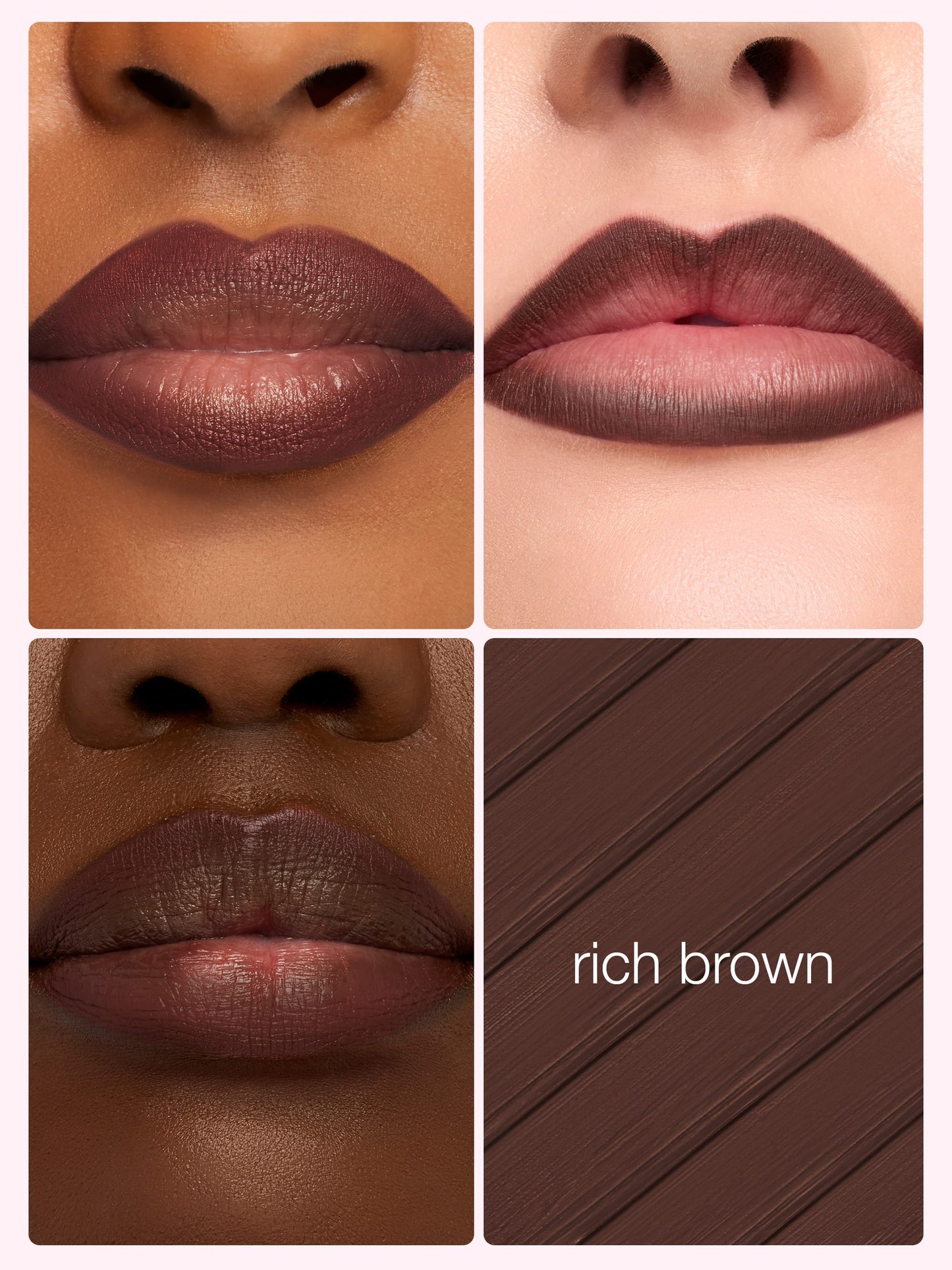 Collage of lips wearing a rich brown lipstick with color swatch labeled 'rich brown'.