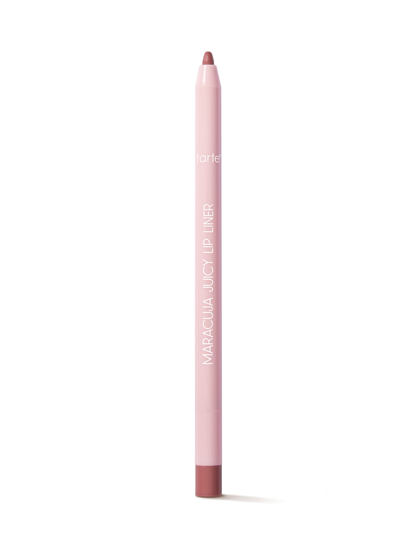 Pink lip liner with brown tip on a white background