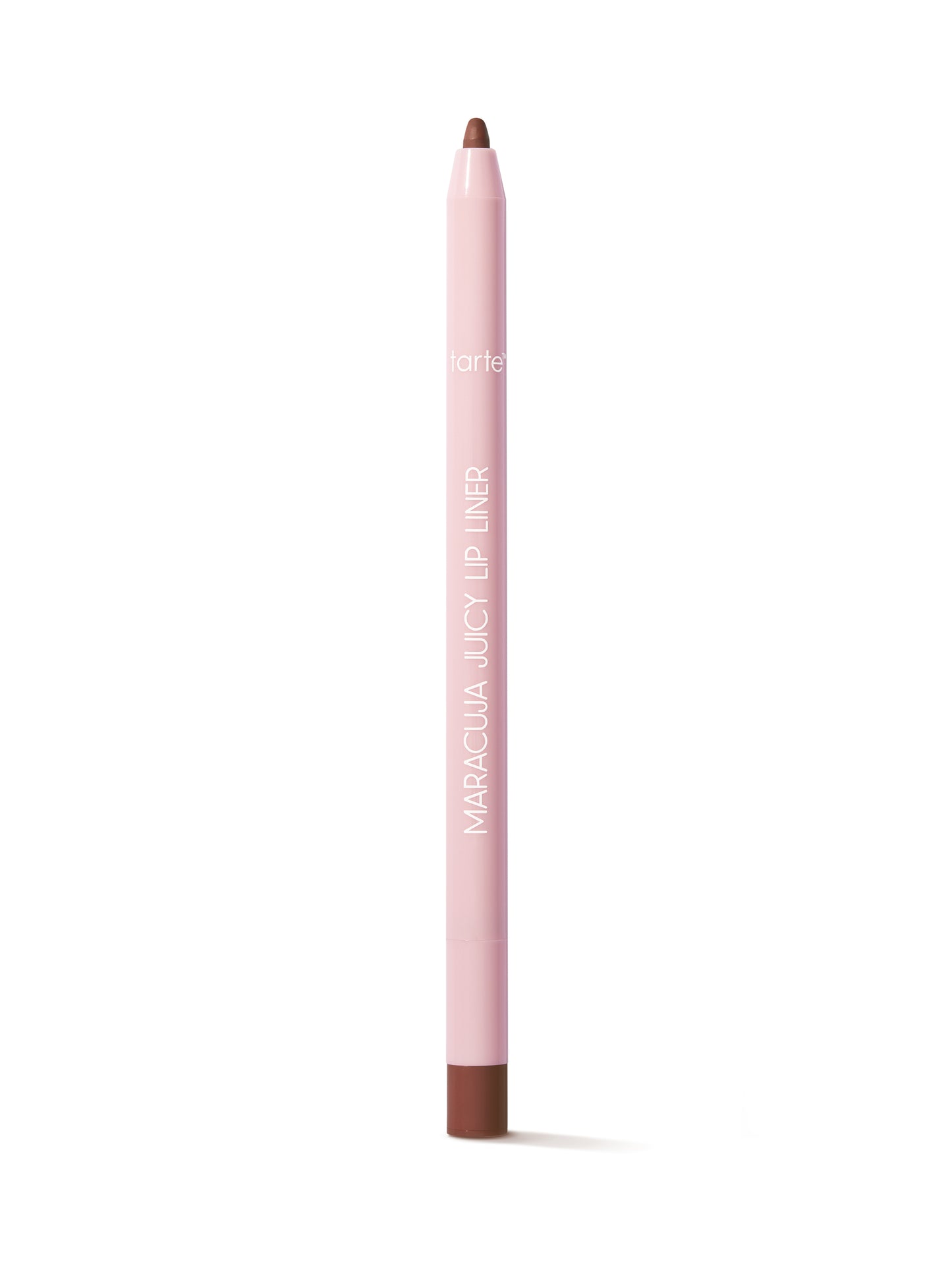 Pink lip liner with brown tip on a white background