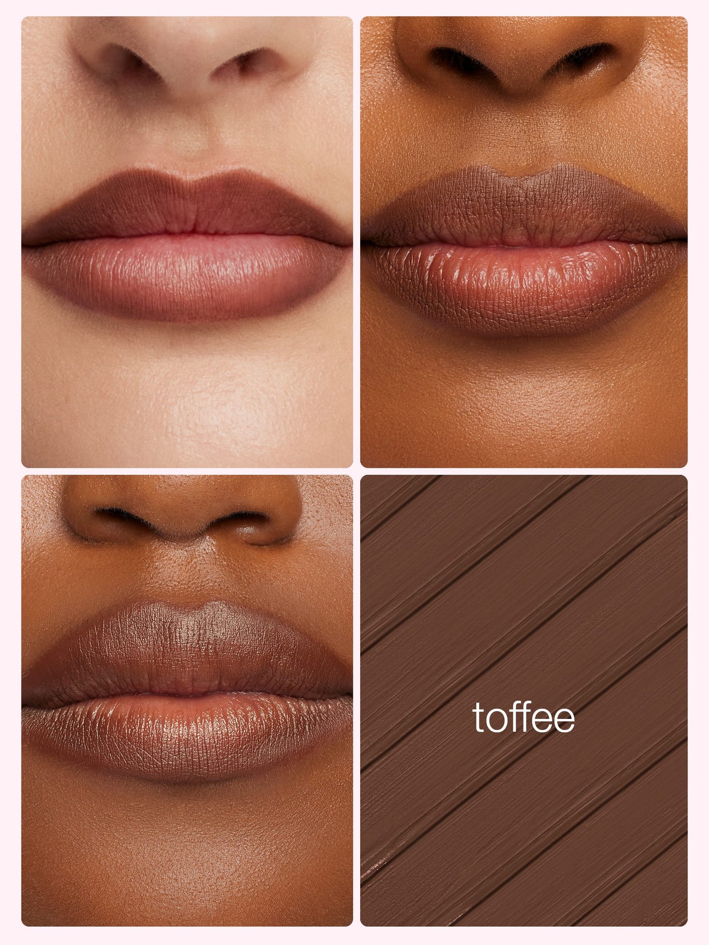 Lipstick shade swatches labeled 'toffee' on a neutral background