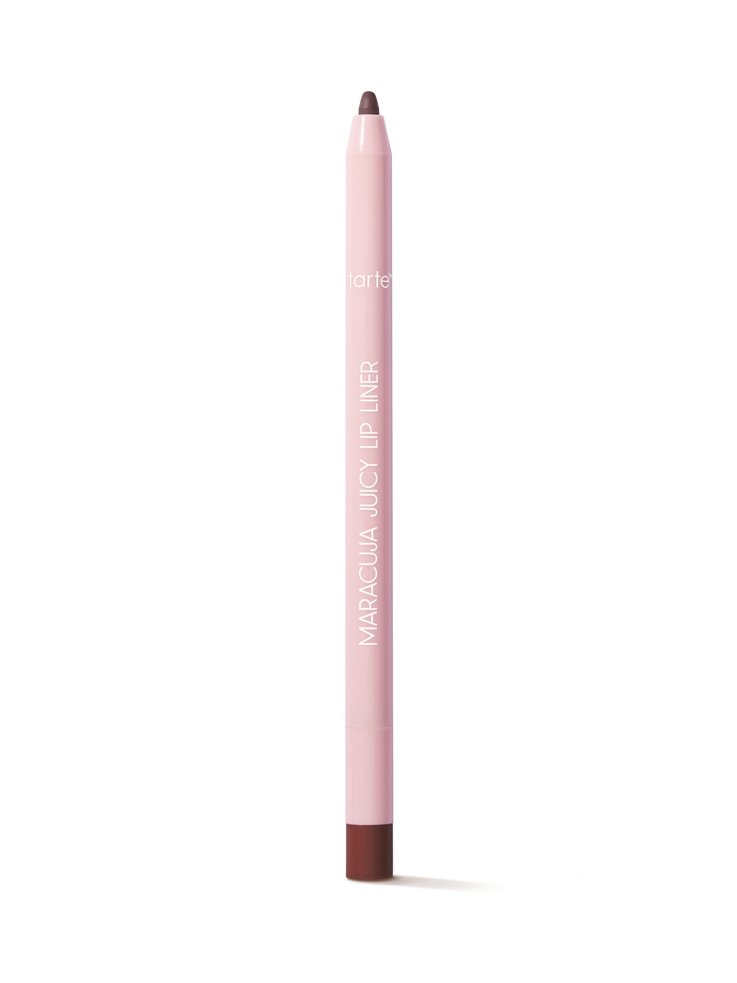 Pink lip liner with brown tip on a white background