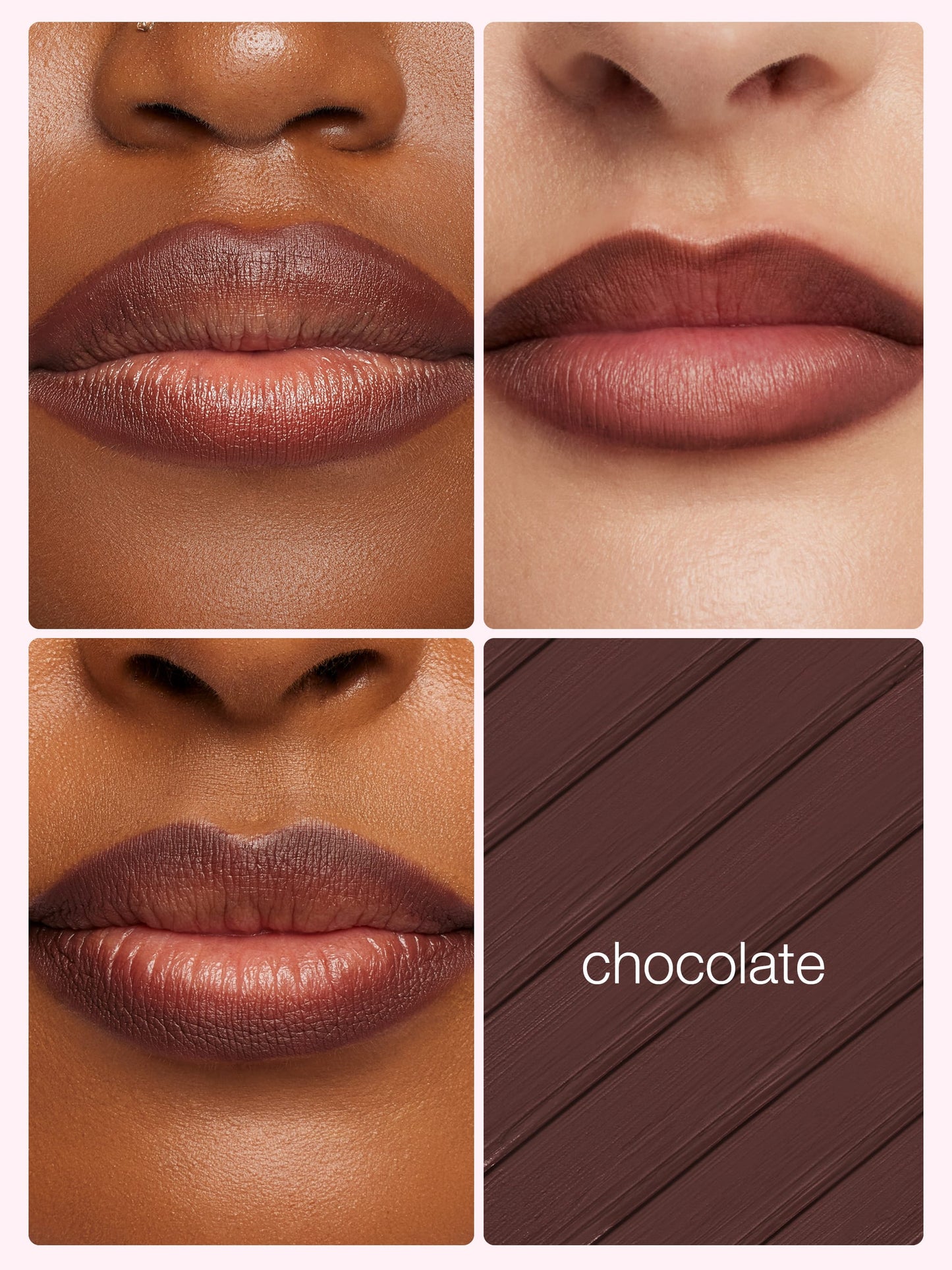 Lipstick shade swatches labeled 'chocolate' on a model's lips with color swatch below.