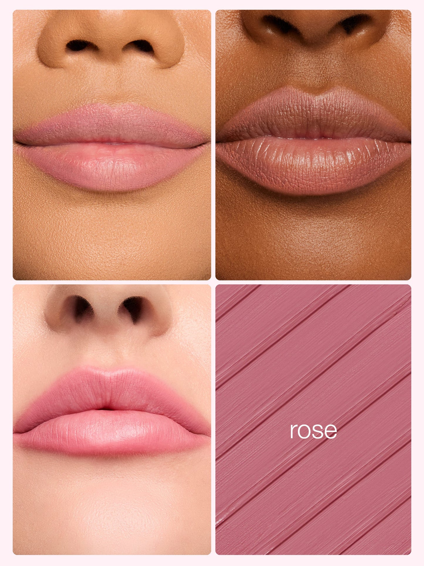 Lipstick shade 'Rose' on different skin tones with a color swatch.