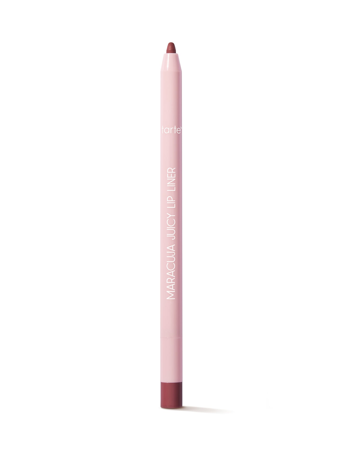 Pink lip liner with brown tip on a white background