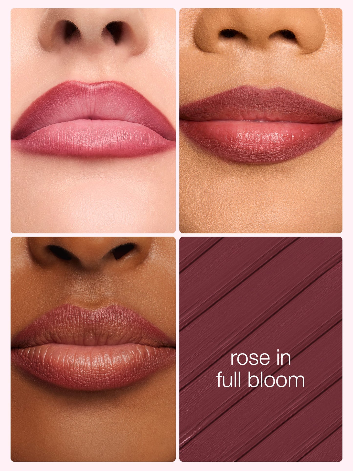 Lipstick shade 'Rose in Full Bloom' applied to lips on different skin tones with a color swatch.