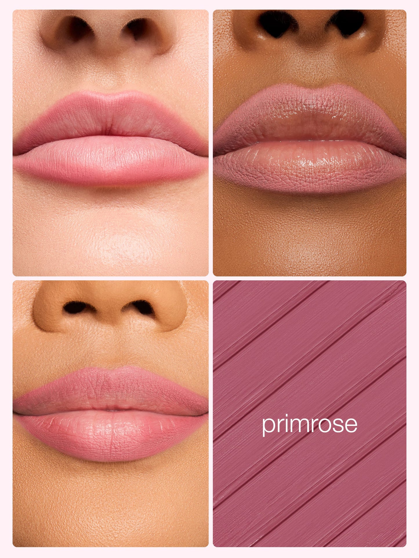 Lipstick swatches on different skin tones with 'primrose' color swatch.