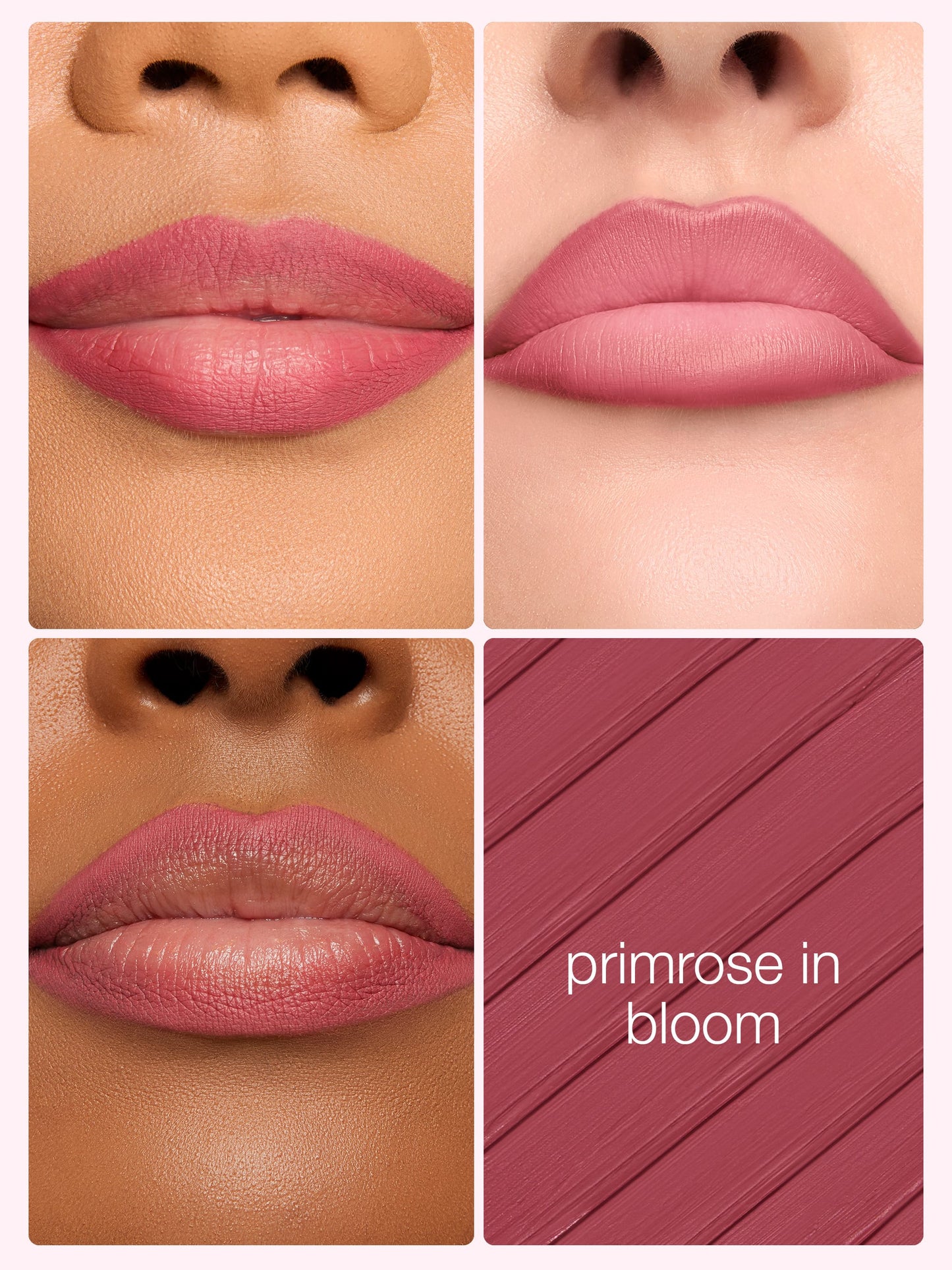 Lipstick shade 'Primrose in Bloom' shown on different skin tones with a color swatch.