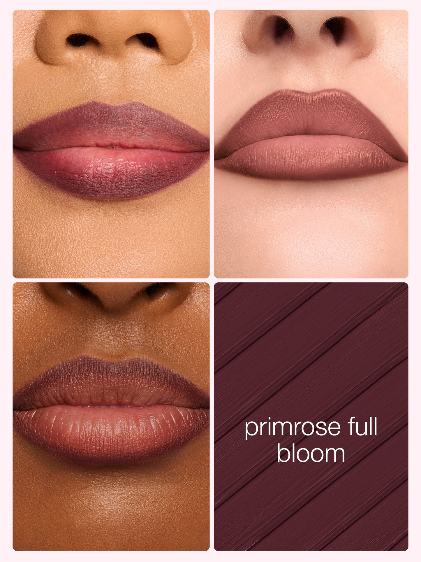 Lipstick swatches on different skin tones with 'primrose full bloom' color name.
