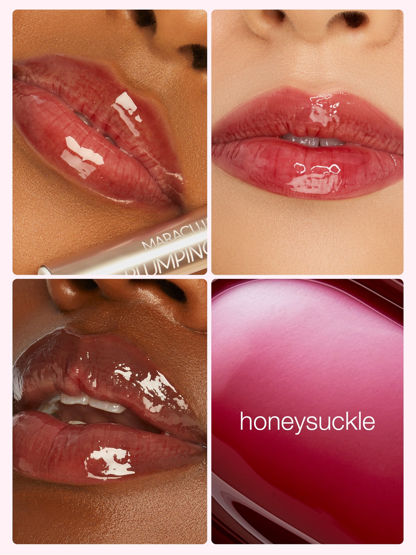 Collage of a lip product being applied with a close-up of the color 'honeysuckle'.