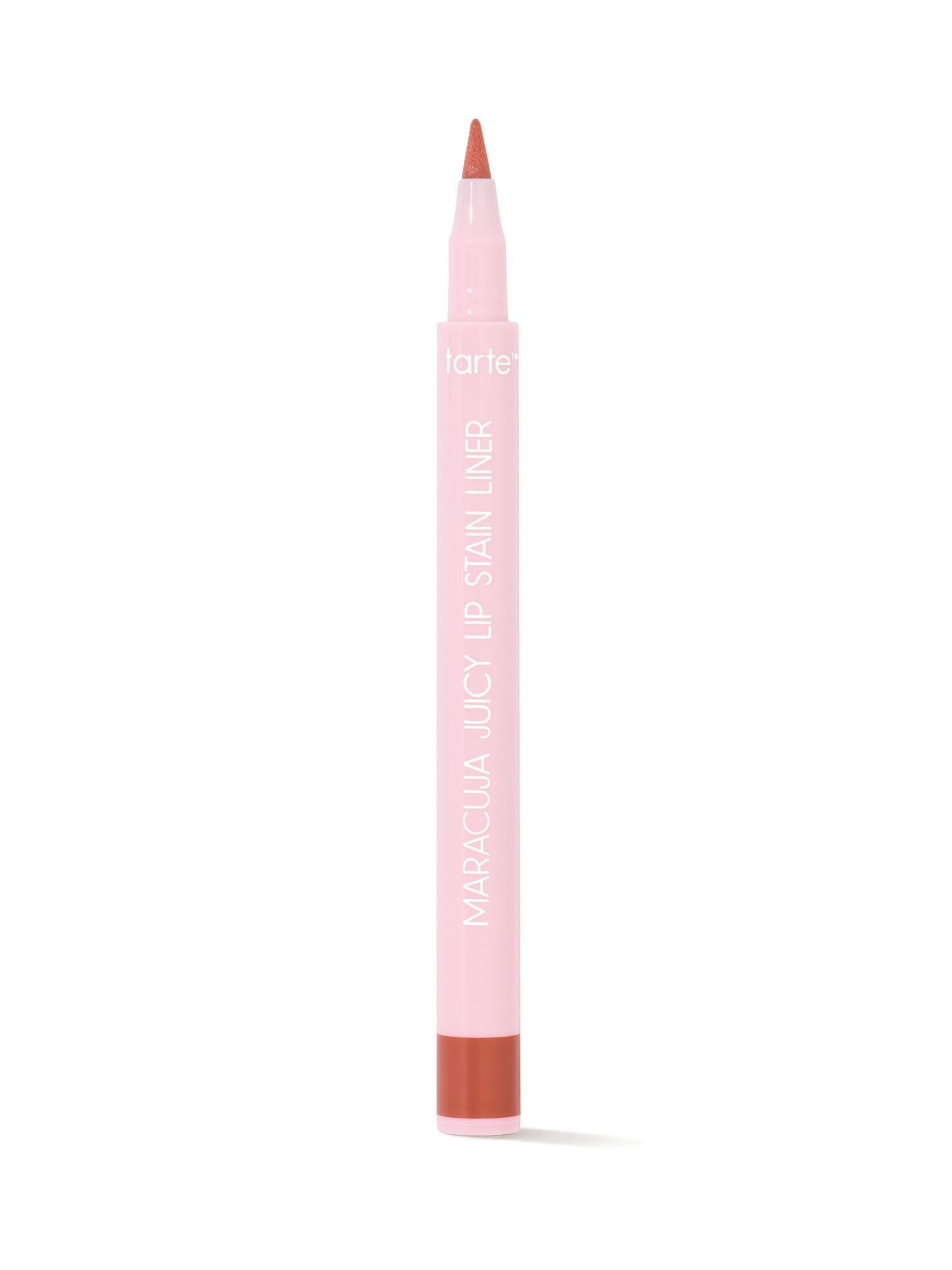 Lip liner with pink casing and brown tip on a white background