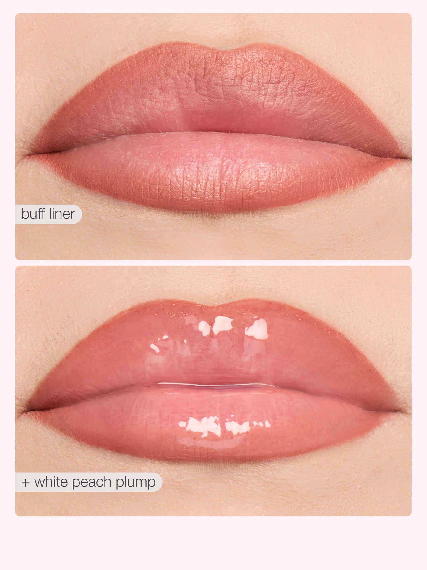 Two close-up images of lips with different lip products labeled 'buff liner' and 'white peach plump'.