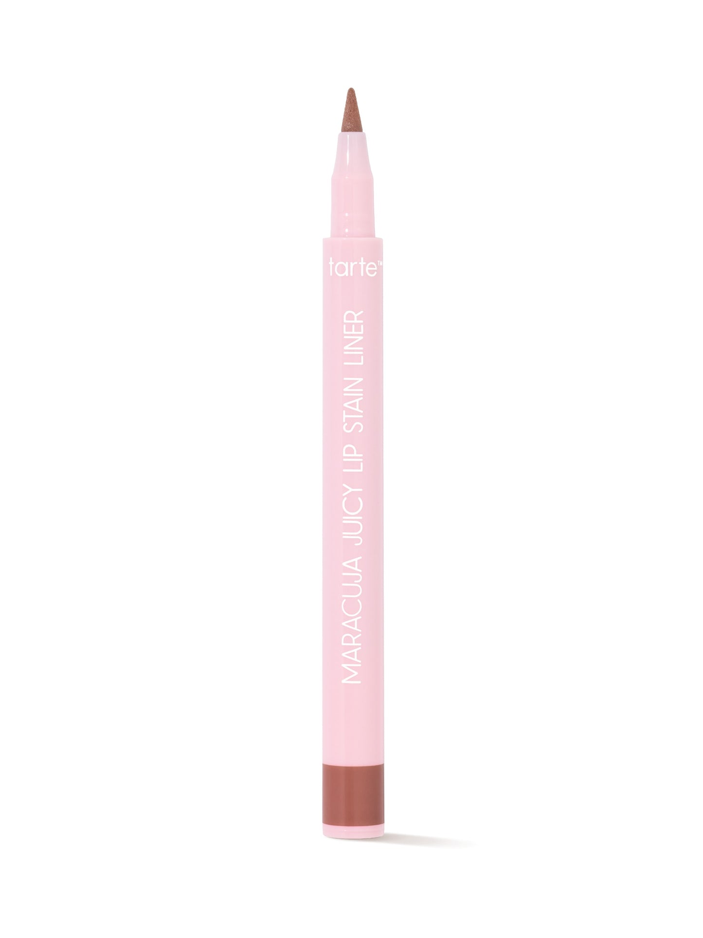 Lip liner with pink casing and brown tip on a white background