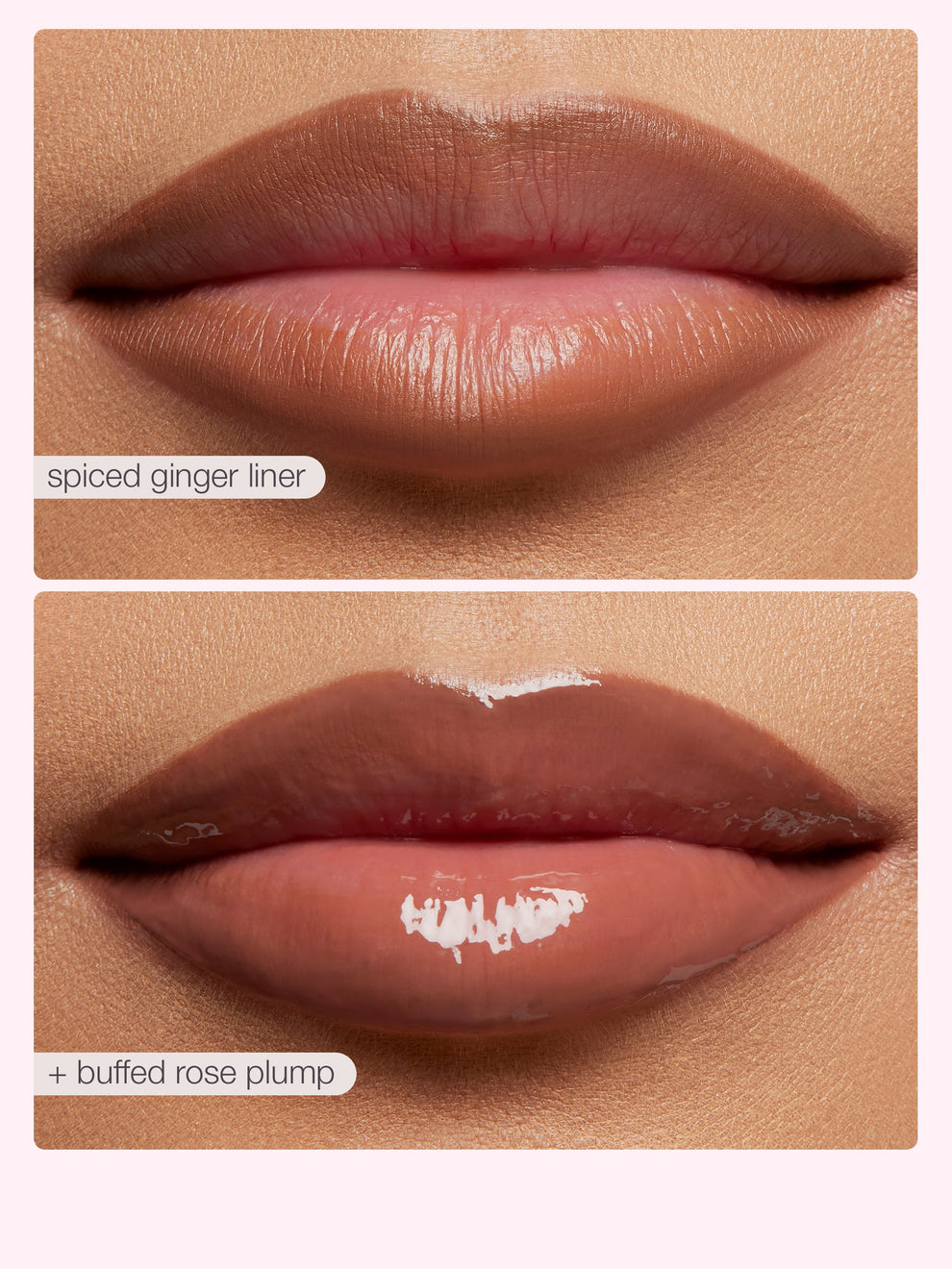 Two close-up images of lips with lip liner and lip gloss on a beige background
