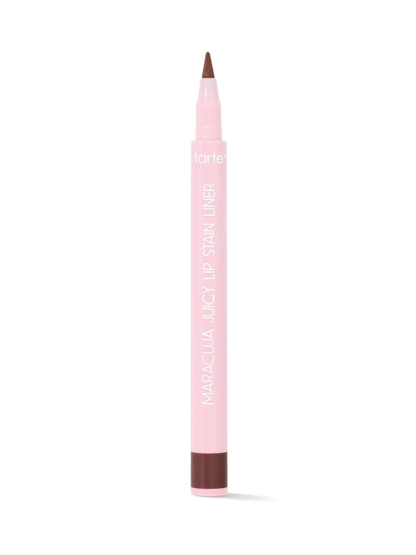 Pink lip liner with brown tip on a white background