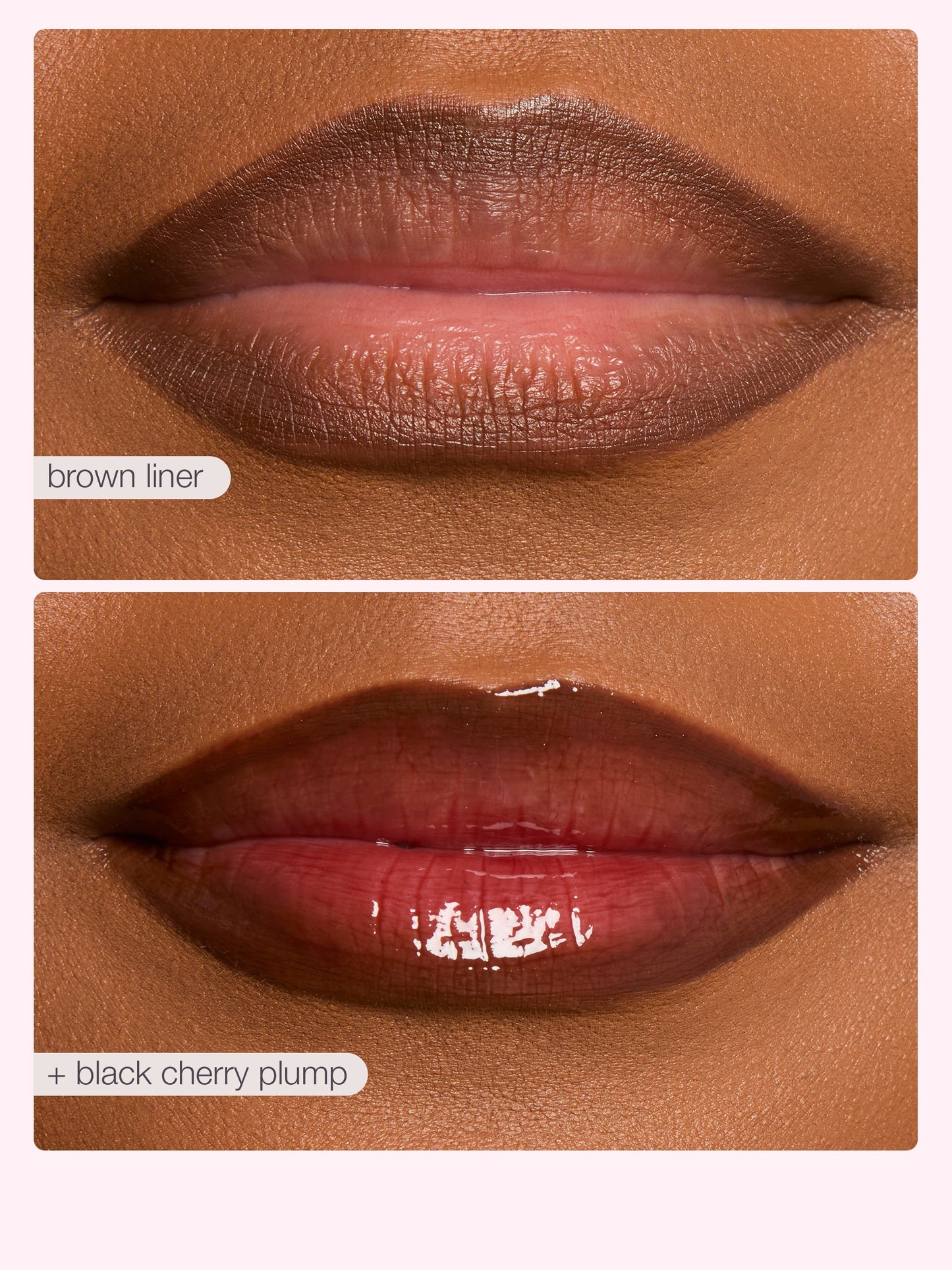 Lip makeup comparison with brown liner and black cherry plump on a brown background