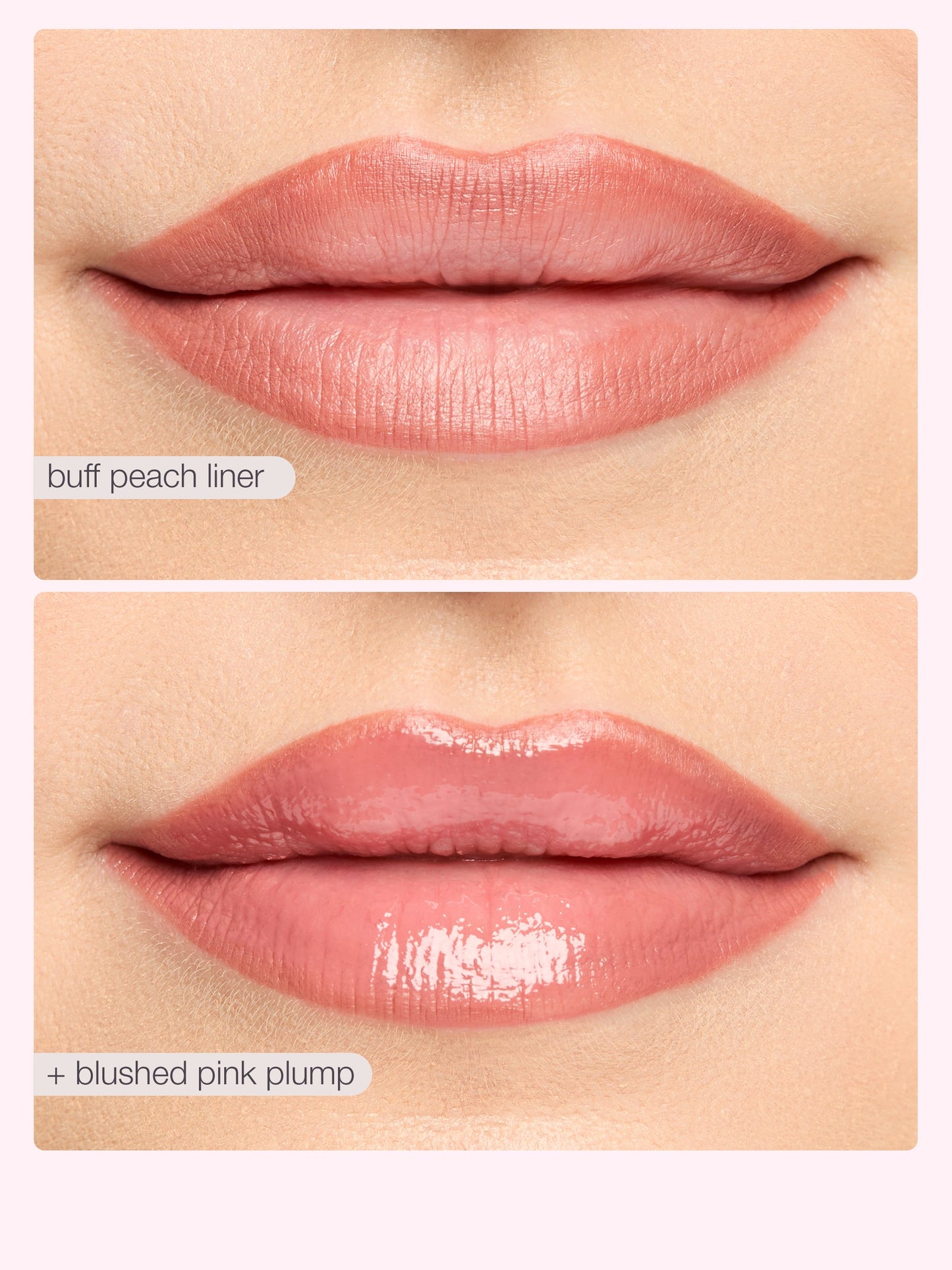 Close-up of lips with 'buff peach liner' and 'blushed pink plump' labels.