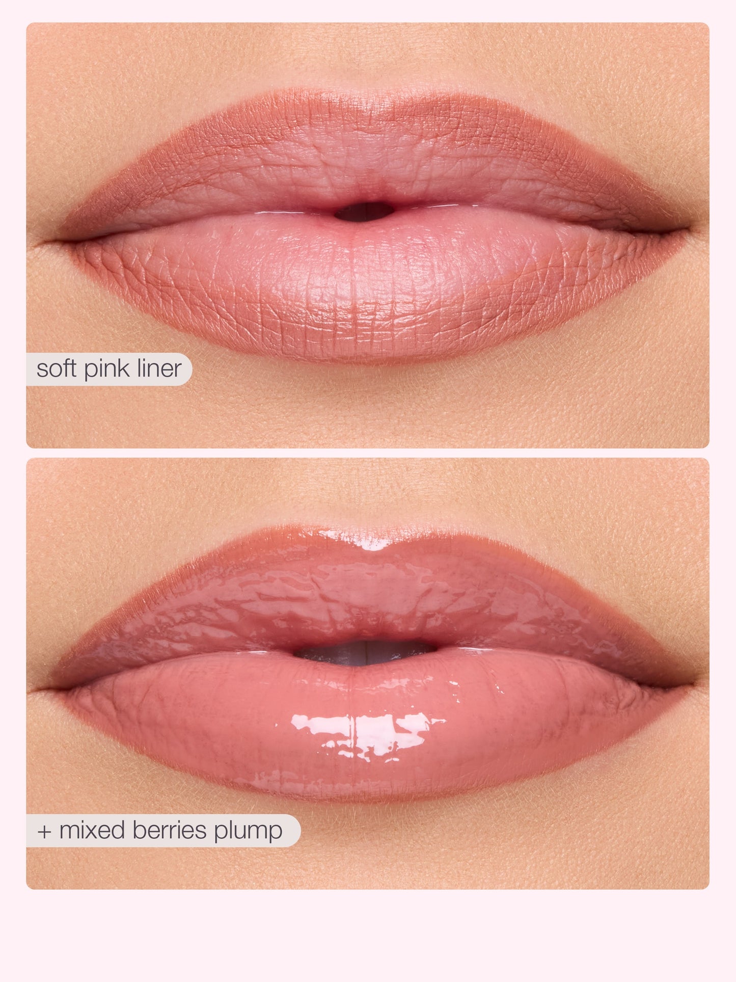 Close-up of lips with 'soft pink liner' and 'mixed berries plump' lip products.