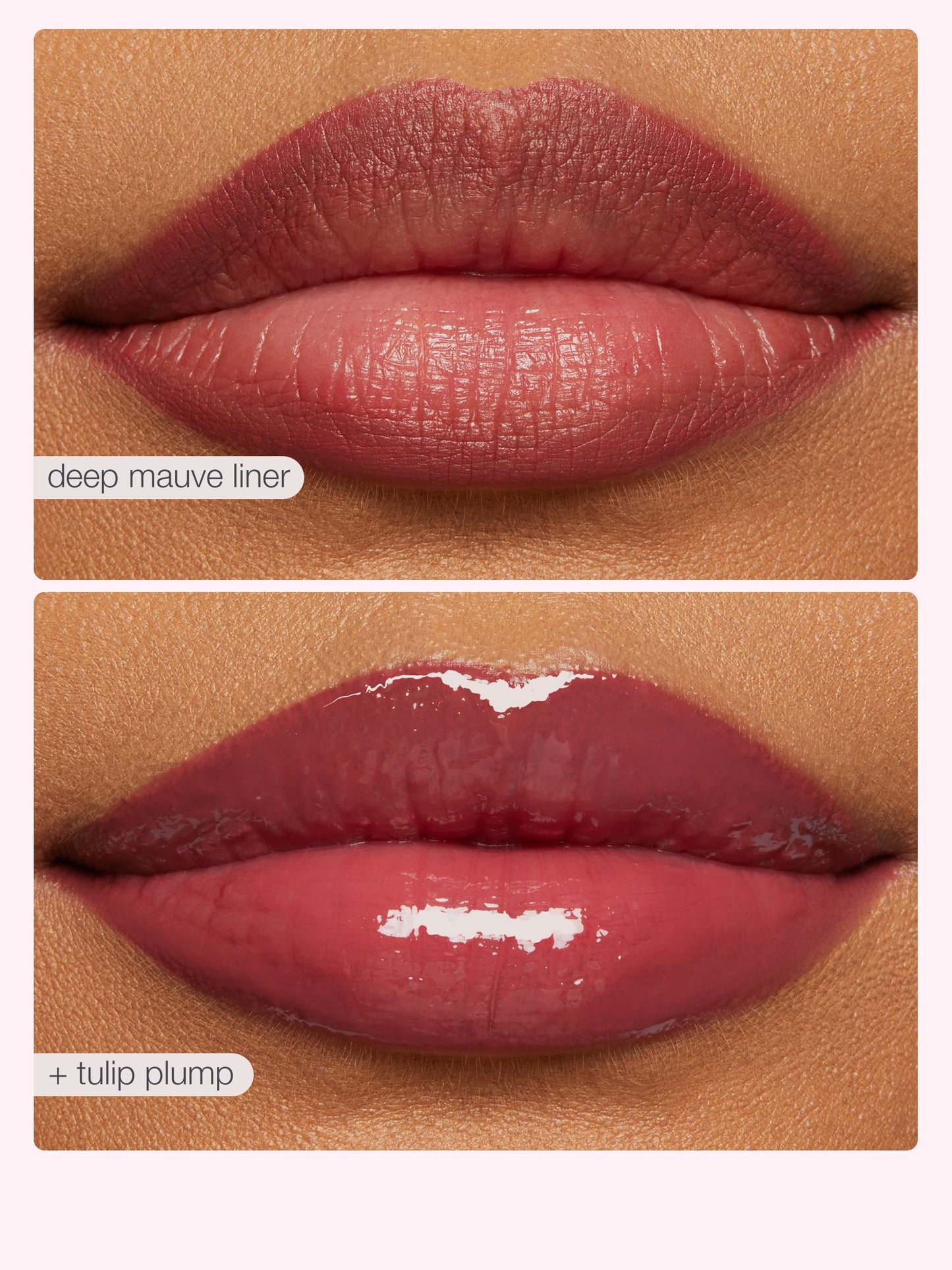 Close-up of lips with 'deep mauve liner' and 'tulip plump' makeup on a beige background