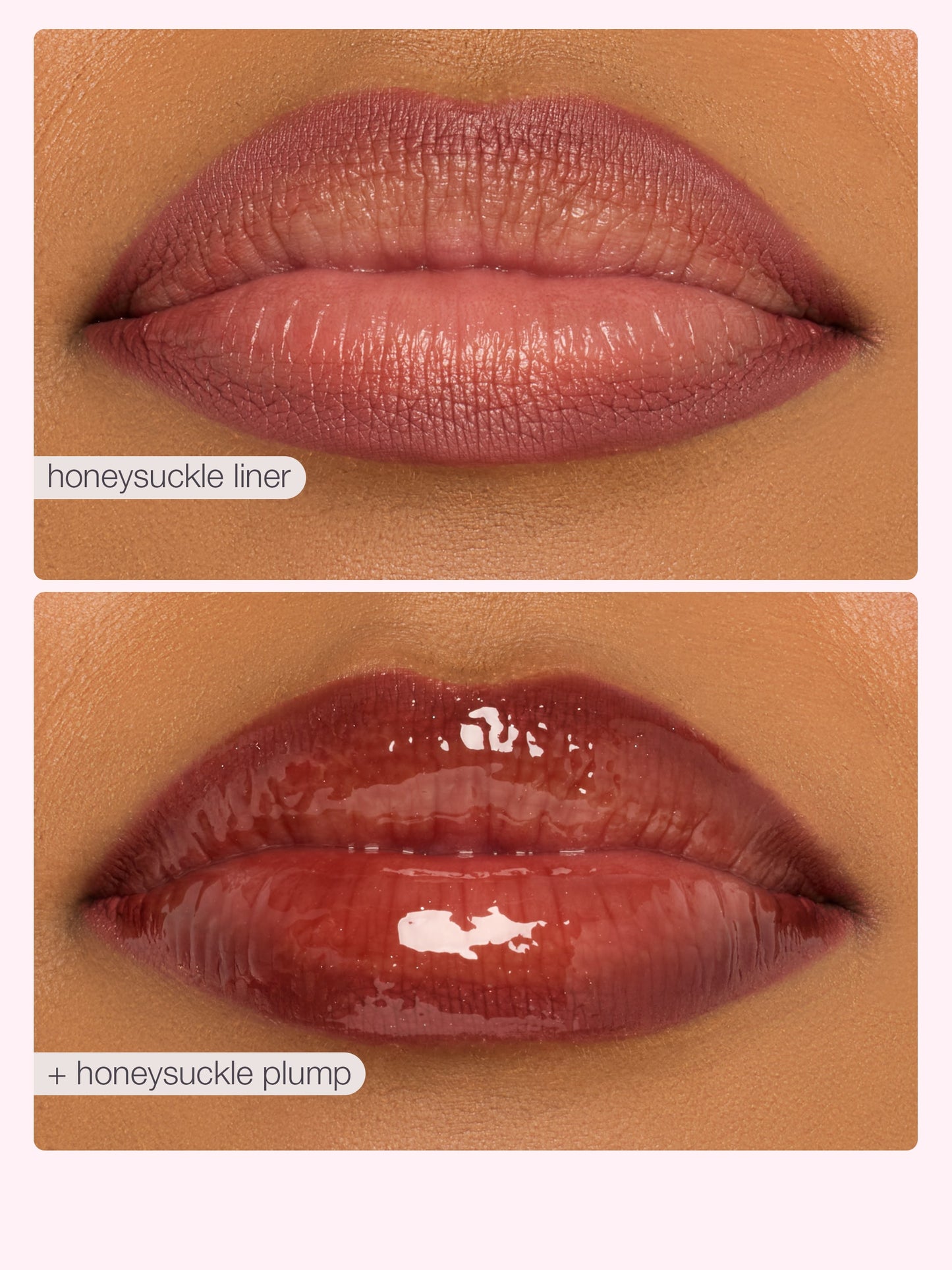 Two close-up images of lips with 'honeysuckle liner' and 'honesysuckle plump' makeup on a beige background.