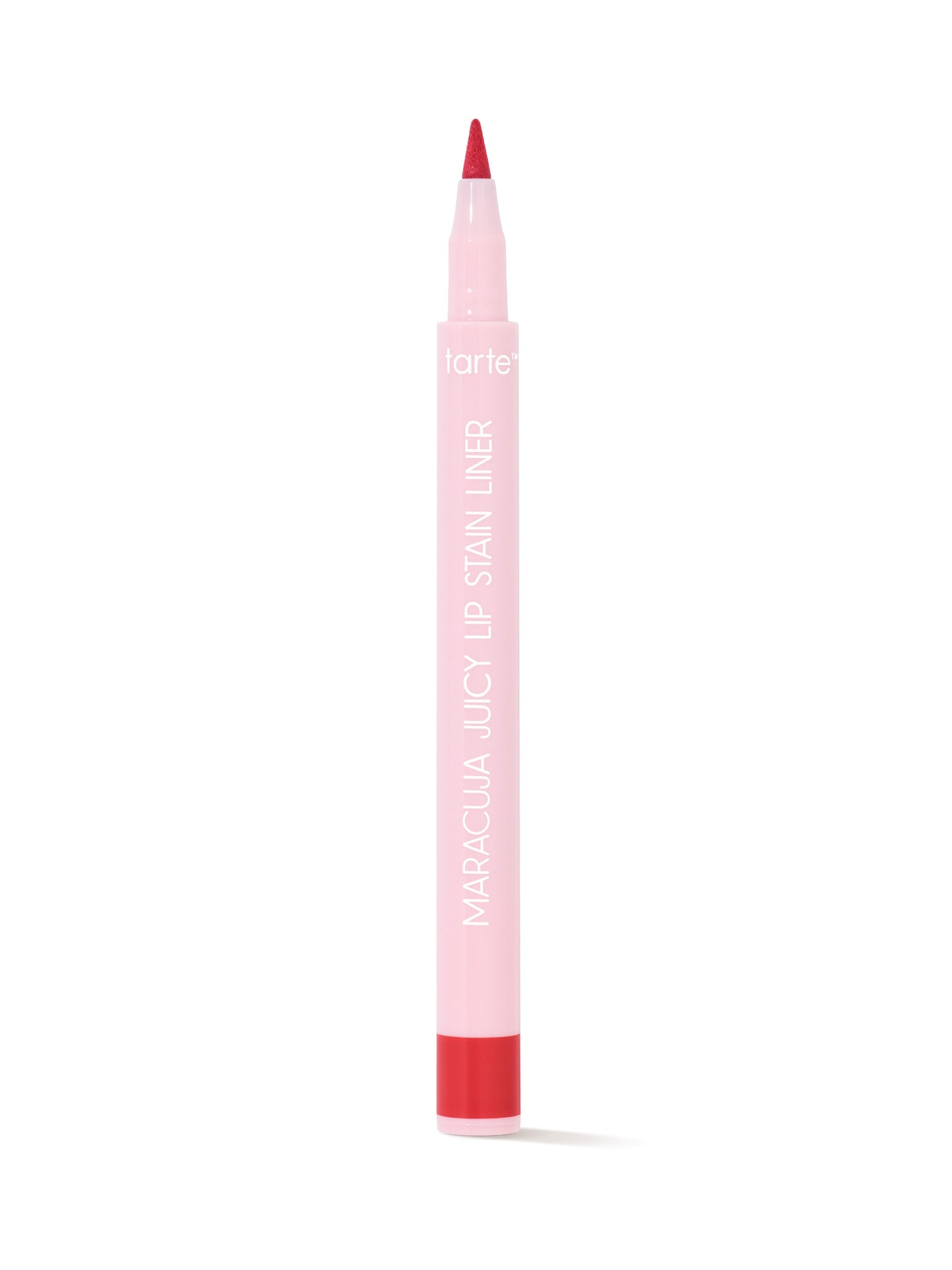 Pink lip liner with red cap and tip on a white background