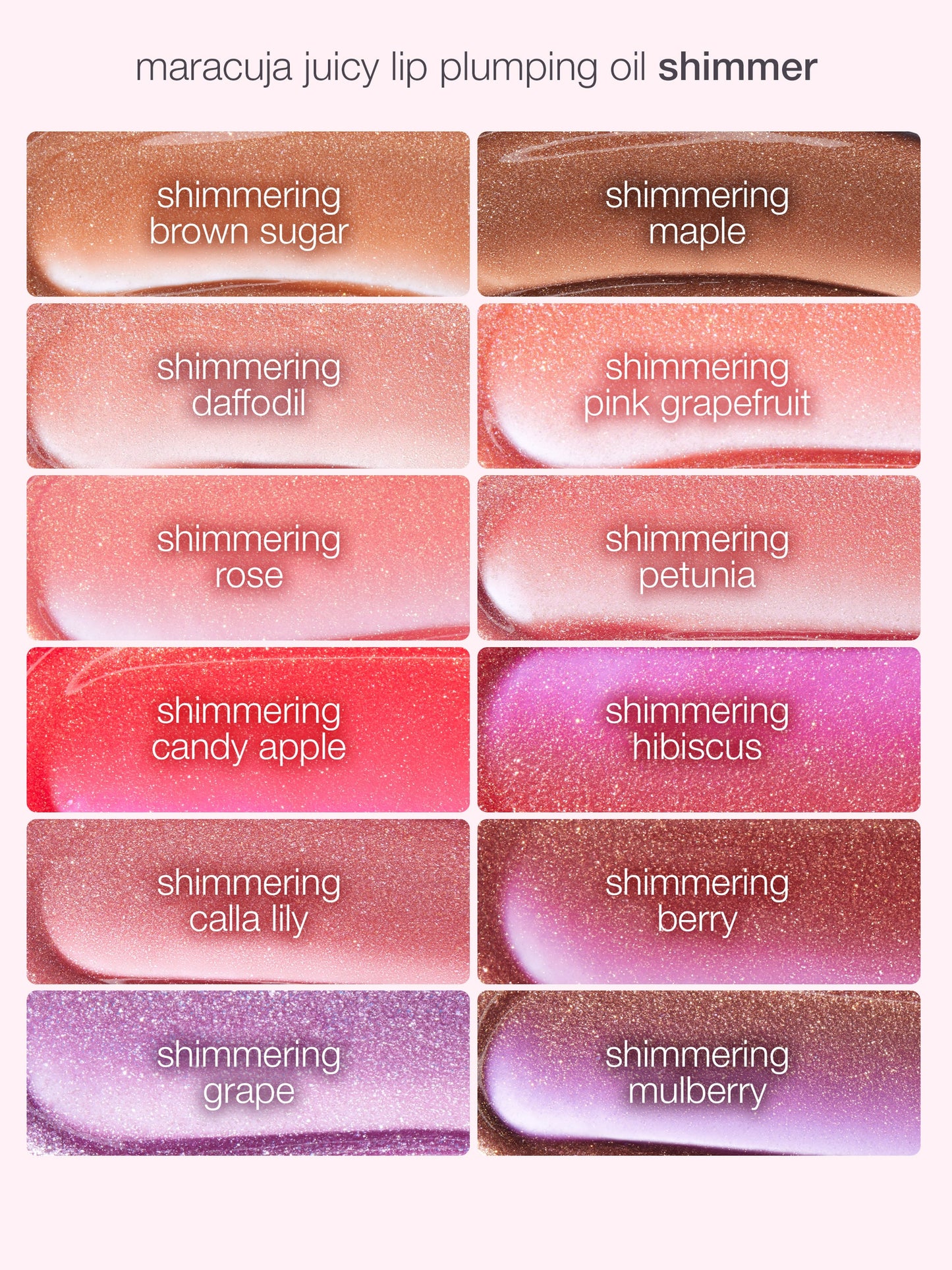 Collection of lip plumping oil shades with names on a white background
