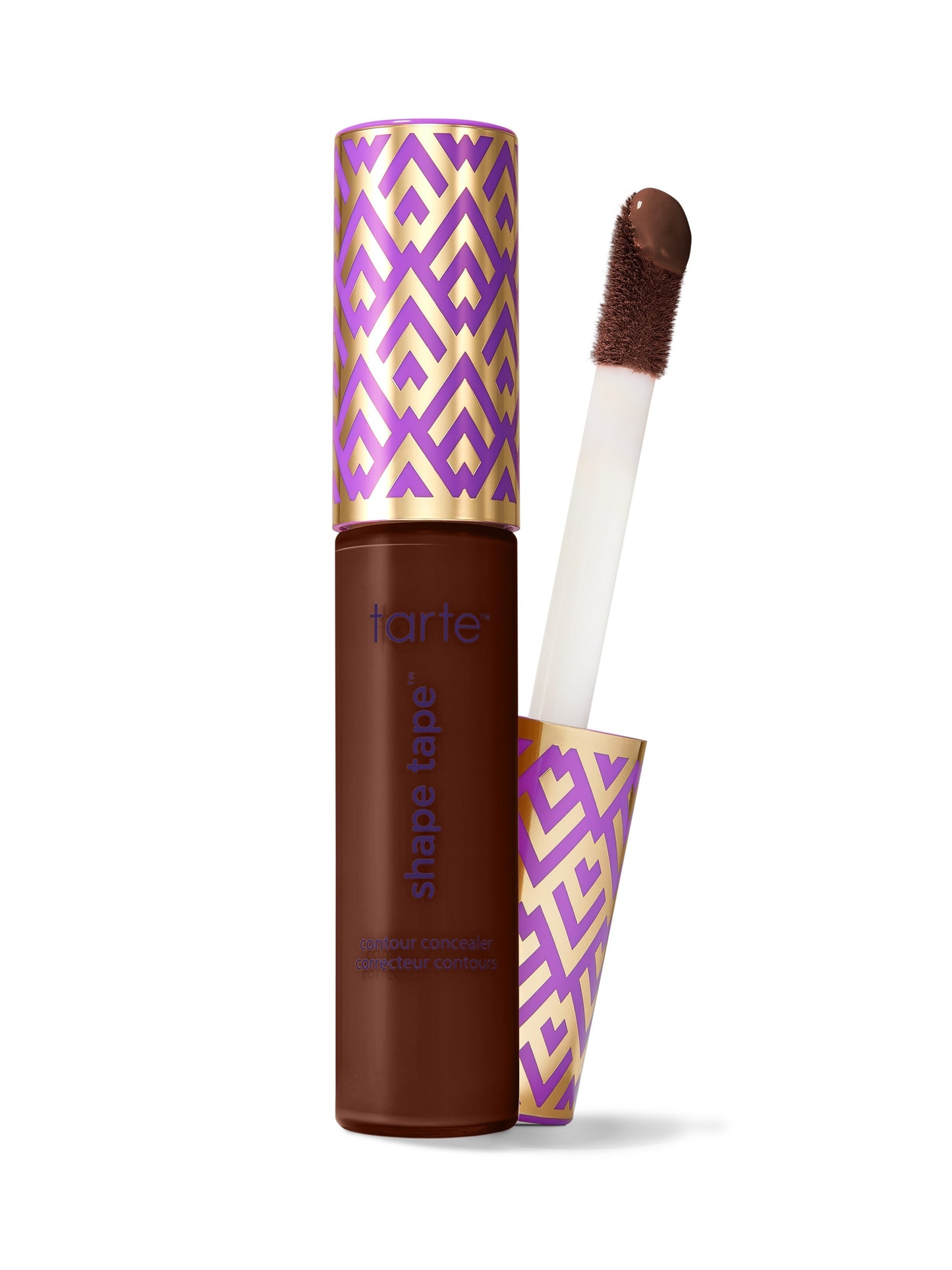 Tarte Shape Tape product with brown concealer and purple and gold patterned applicator on a white background