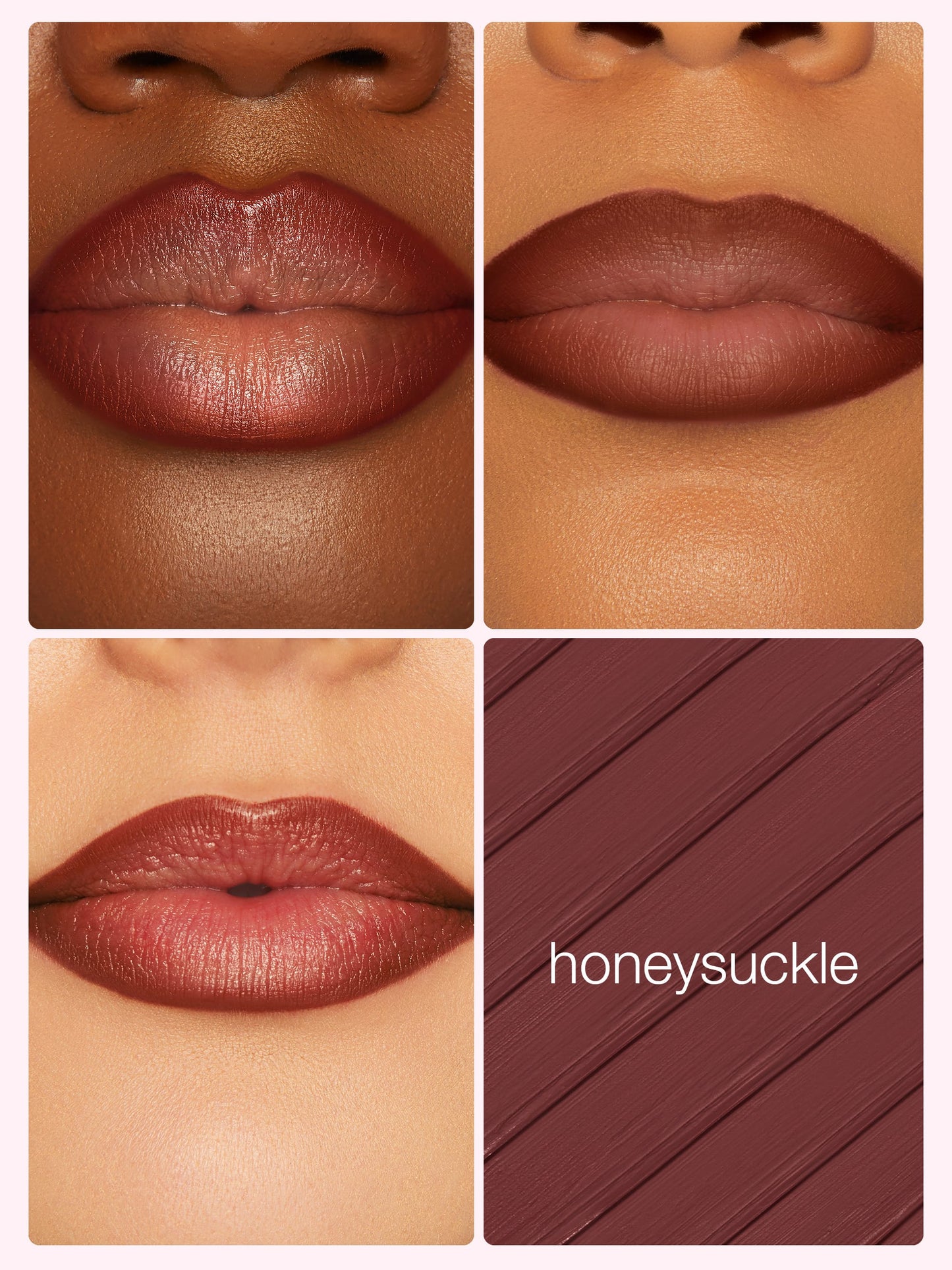 Collage of a brown lipstick shade on lips with 'honeysuckle' text.