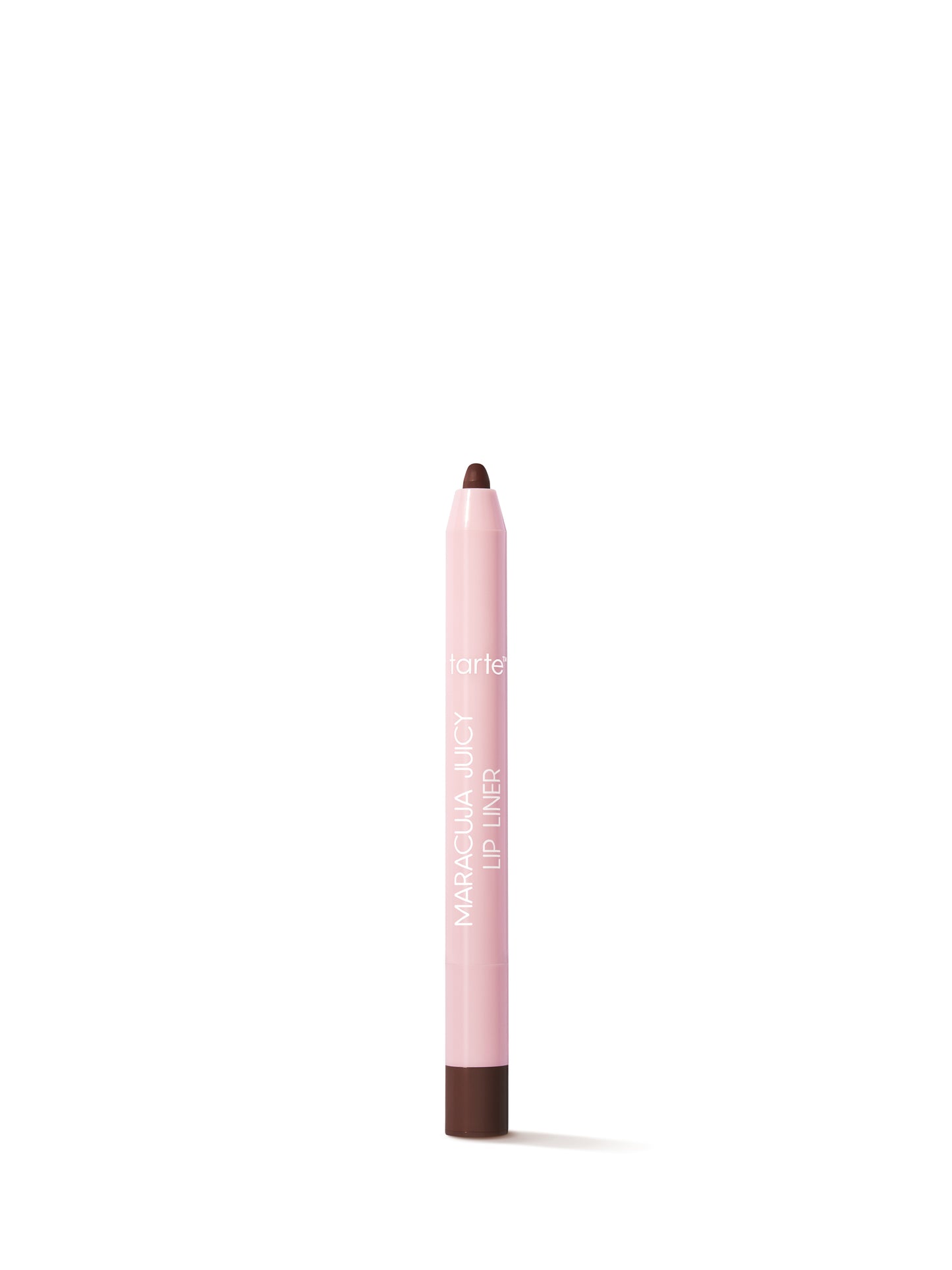 Pink lip liner with brown tip on a white background
