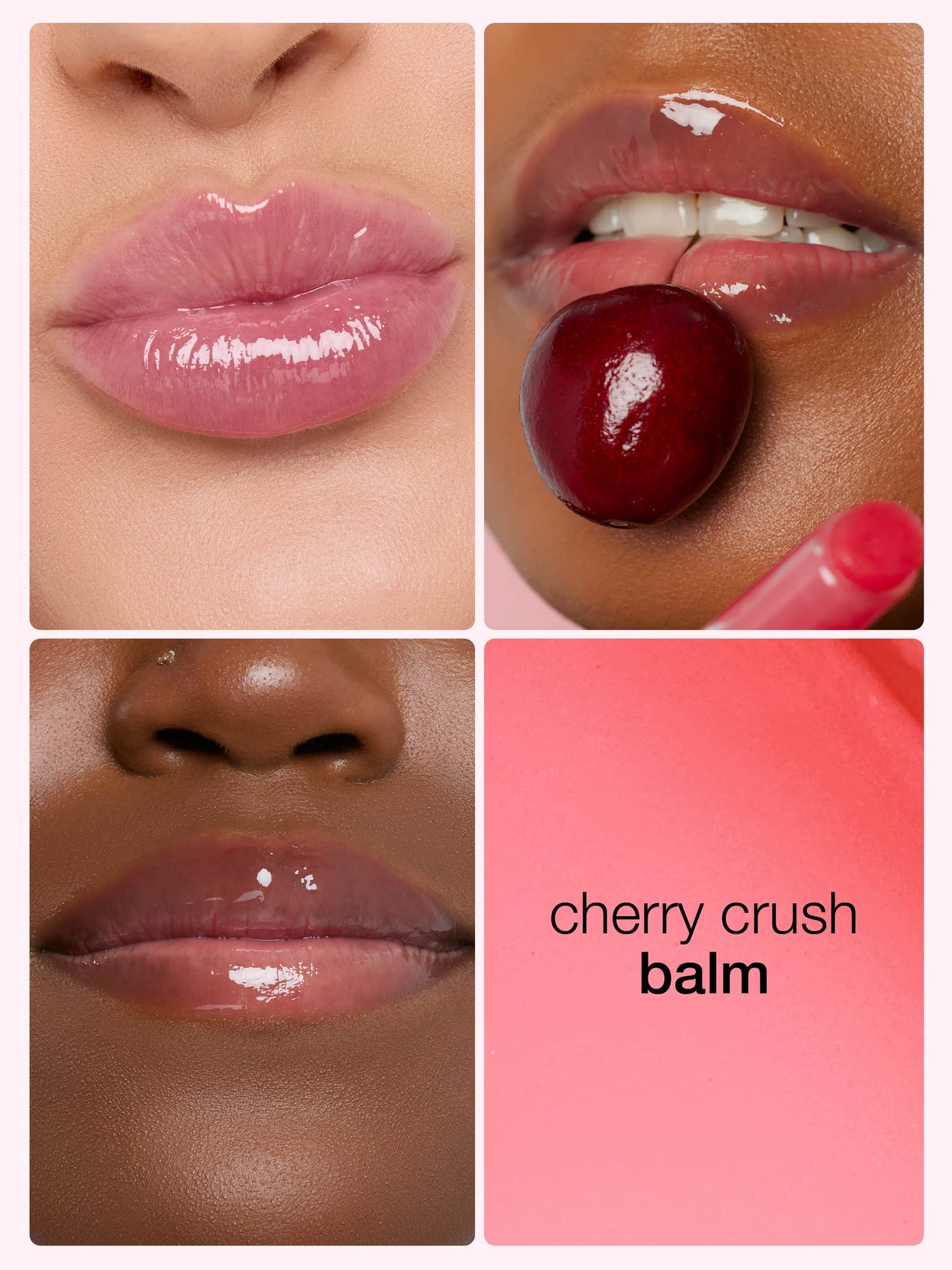 Lips shine with glossy Tarte Cosmetics balms in various close-ups; one holds a cherry. Pink background contains text: cherry crush balm.
