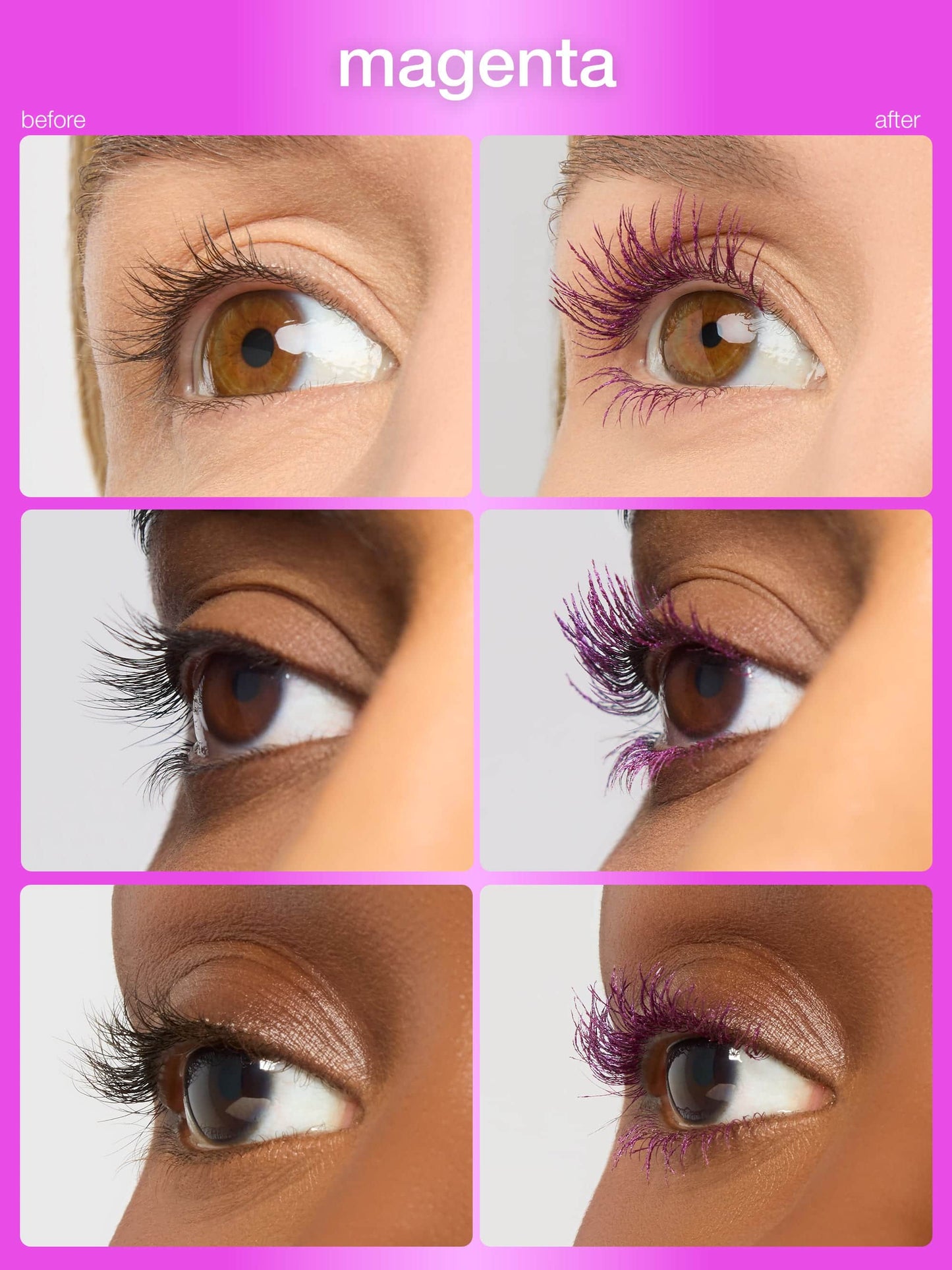 Before and after comparison of magenta eyeliner application on eyes.