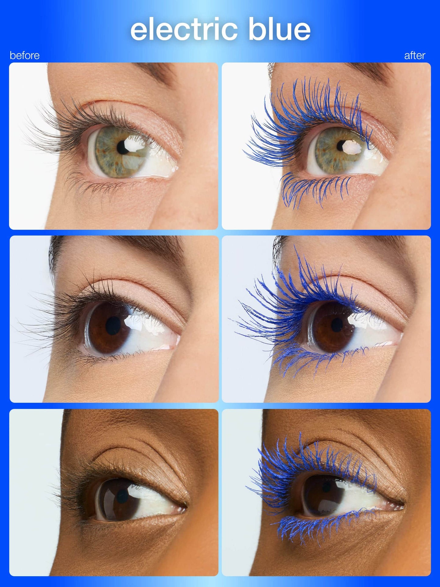 Before and after comparison of electric blue eyelashes on different eye colors.