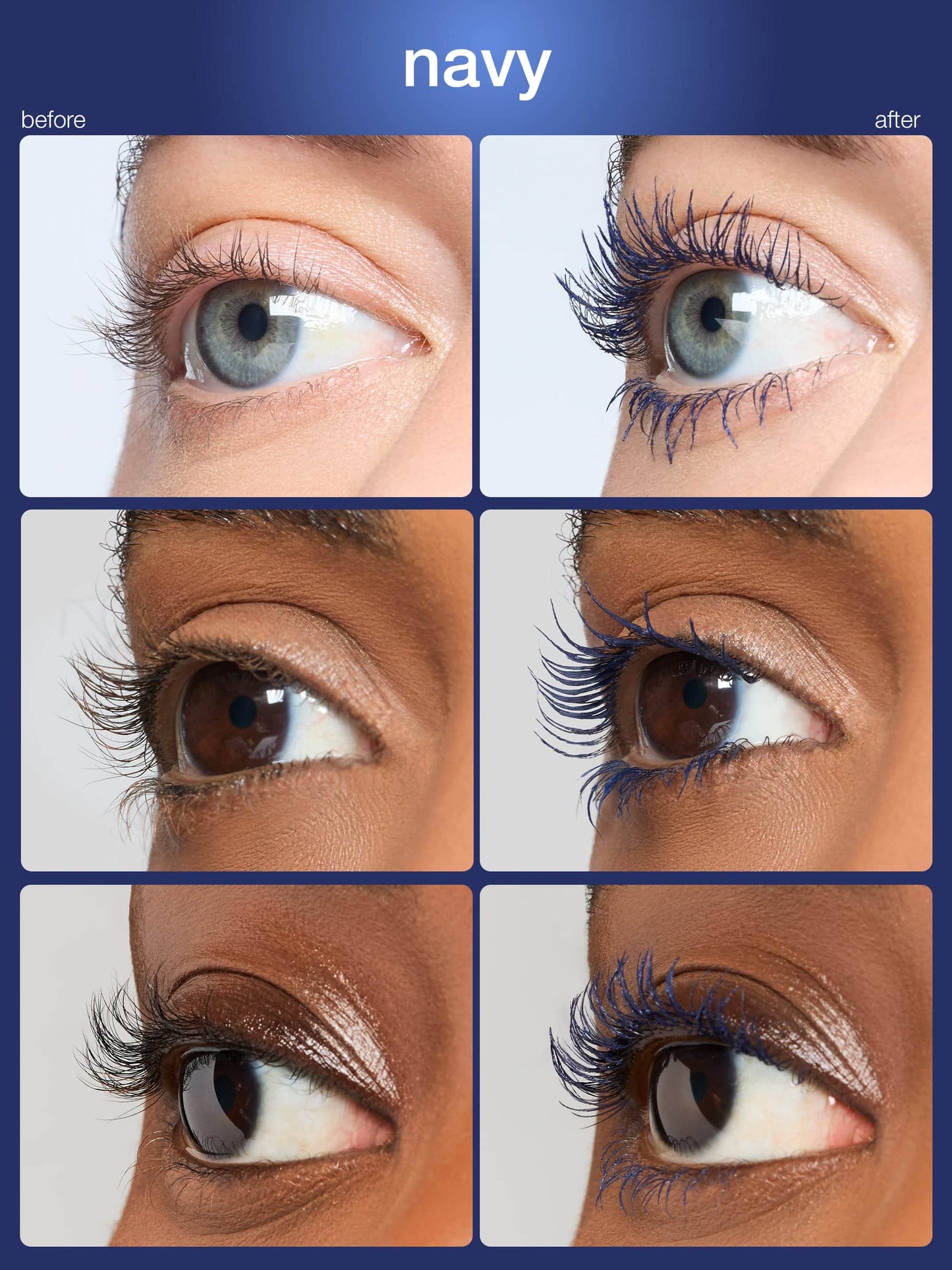 Before and after comparison of eyelash extensions on different eye colors.