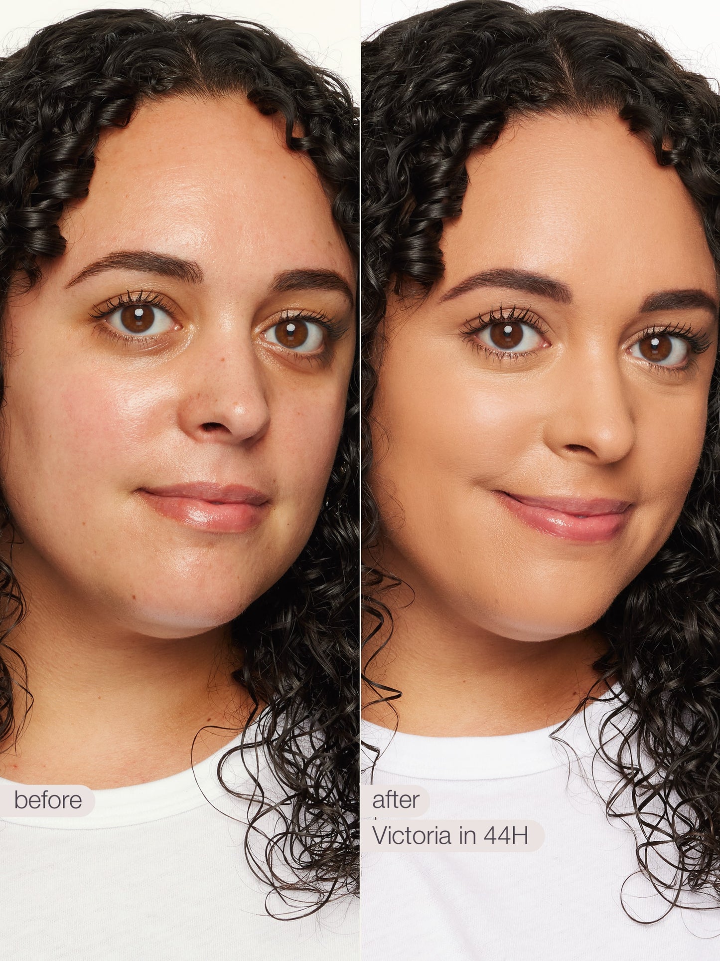 Before and after comparison of a woman with curly hair, showing a visible difference in hair texture and color.