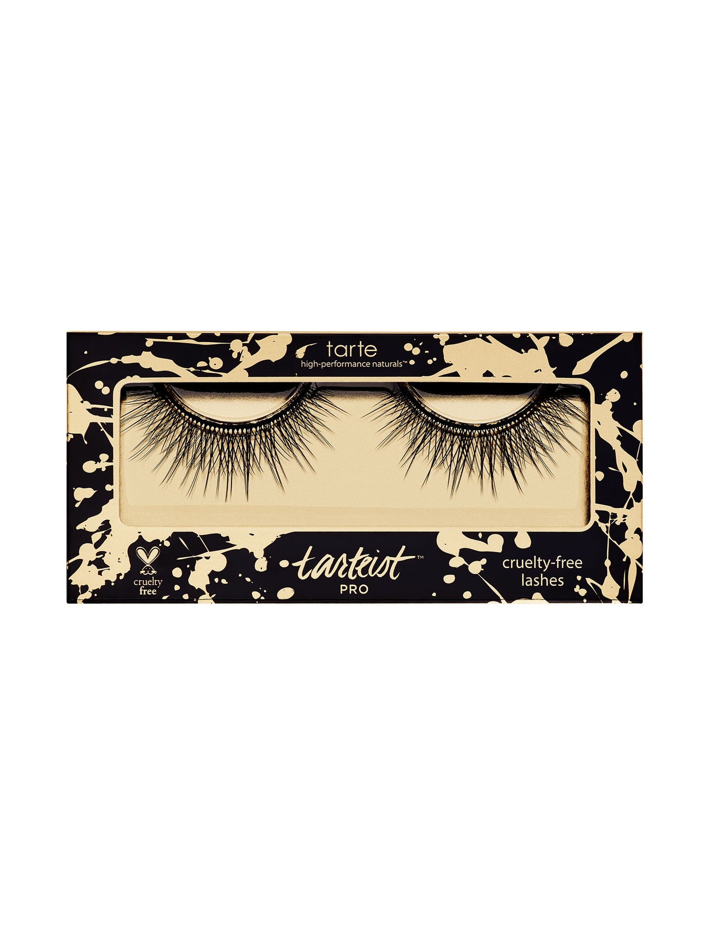 Tarte false eyelashes packaging with gold and black design on a white background