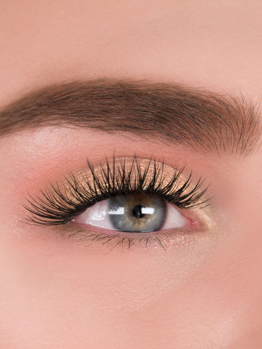 Close-up of a woman's eye with long, dark eyelashes and pink eyeshadow.