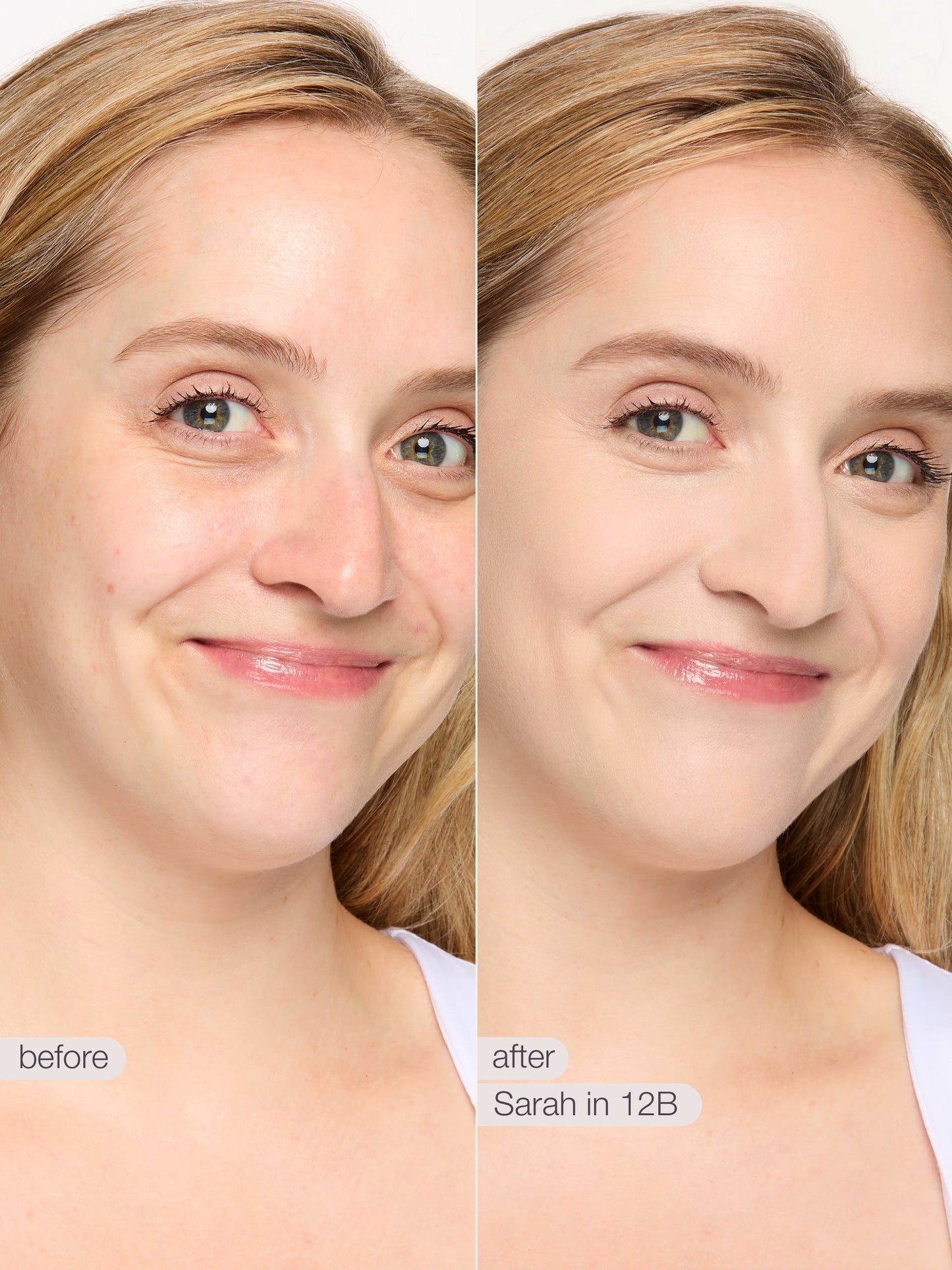 Before and after comparison of a woman's face with makeup application labeled 'Sarah in 12B'.