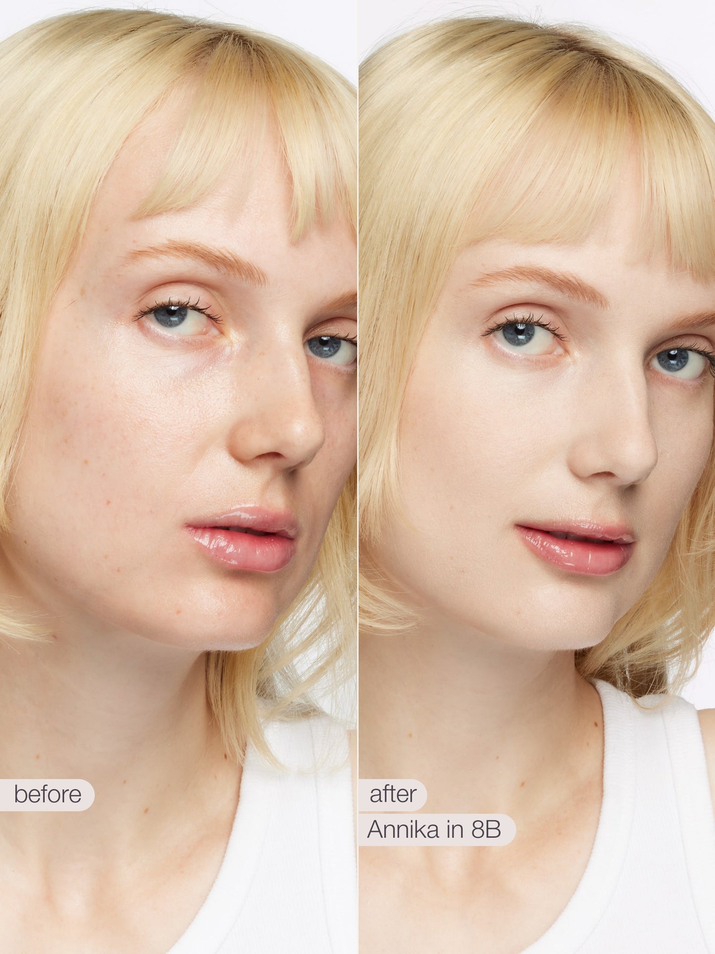 Before and after comparison of a woman with blonde hair and blue eyes, labeled 'before' and 'after' with product name.
