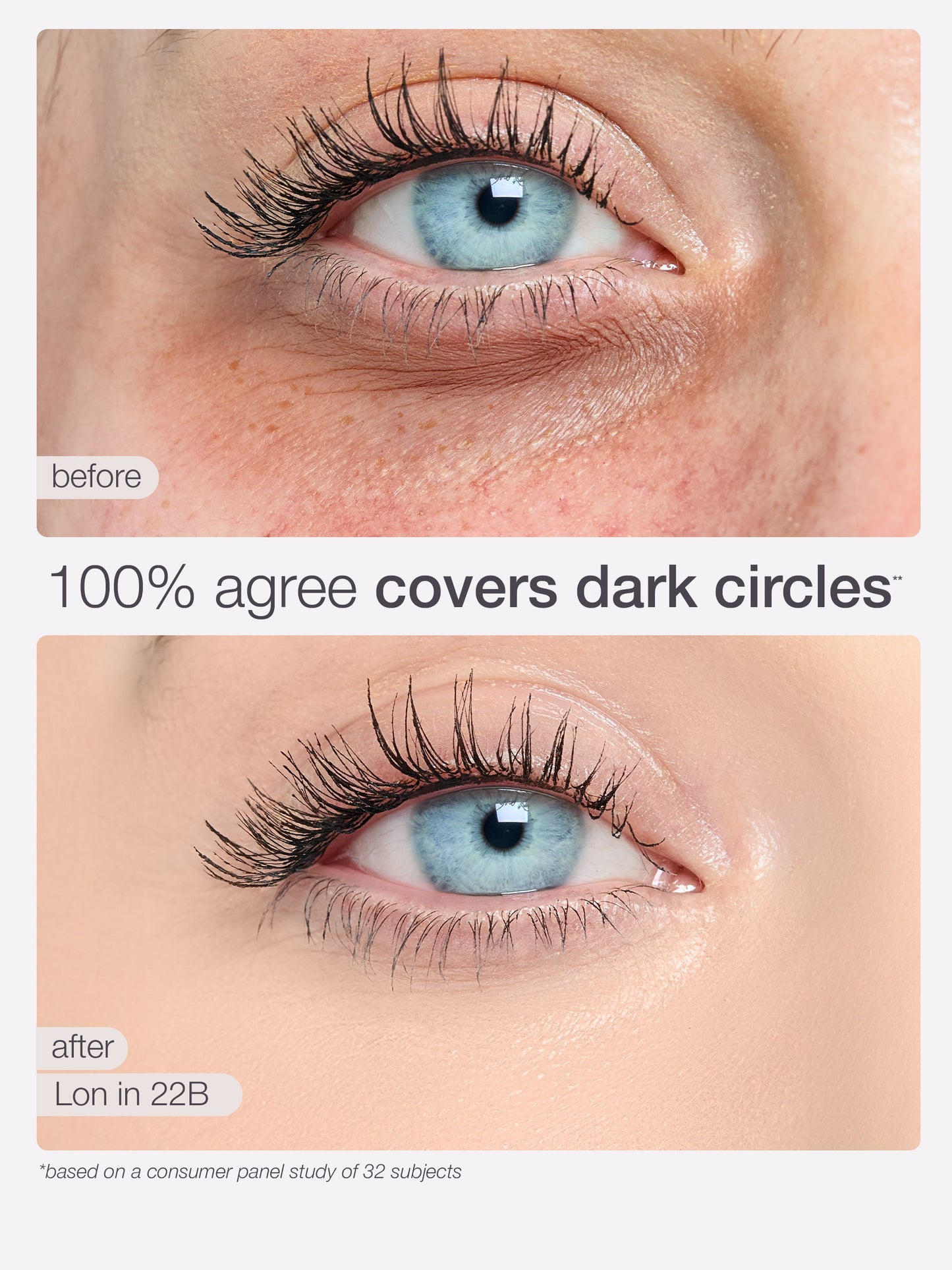 Before and after comparison of eye makeup application on a blue eye.