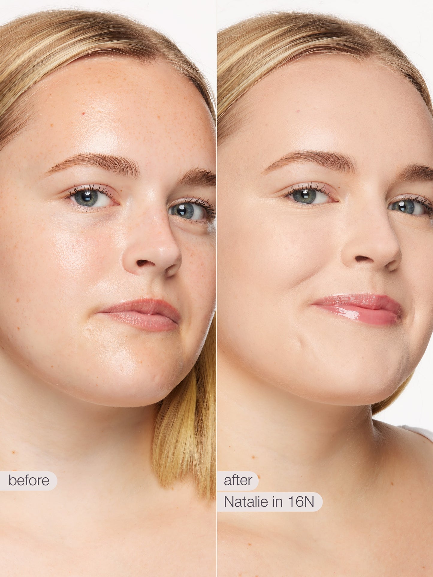 Before and after comparison of a woman's face with visible makeup application.